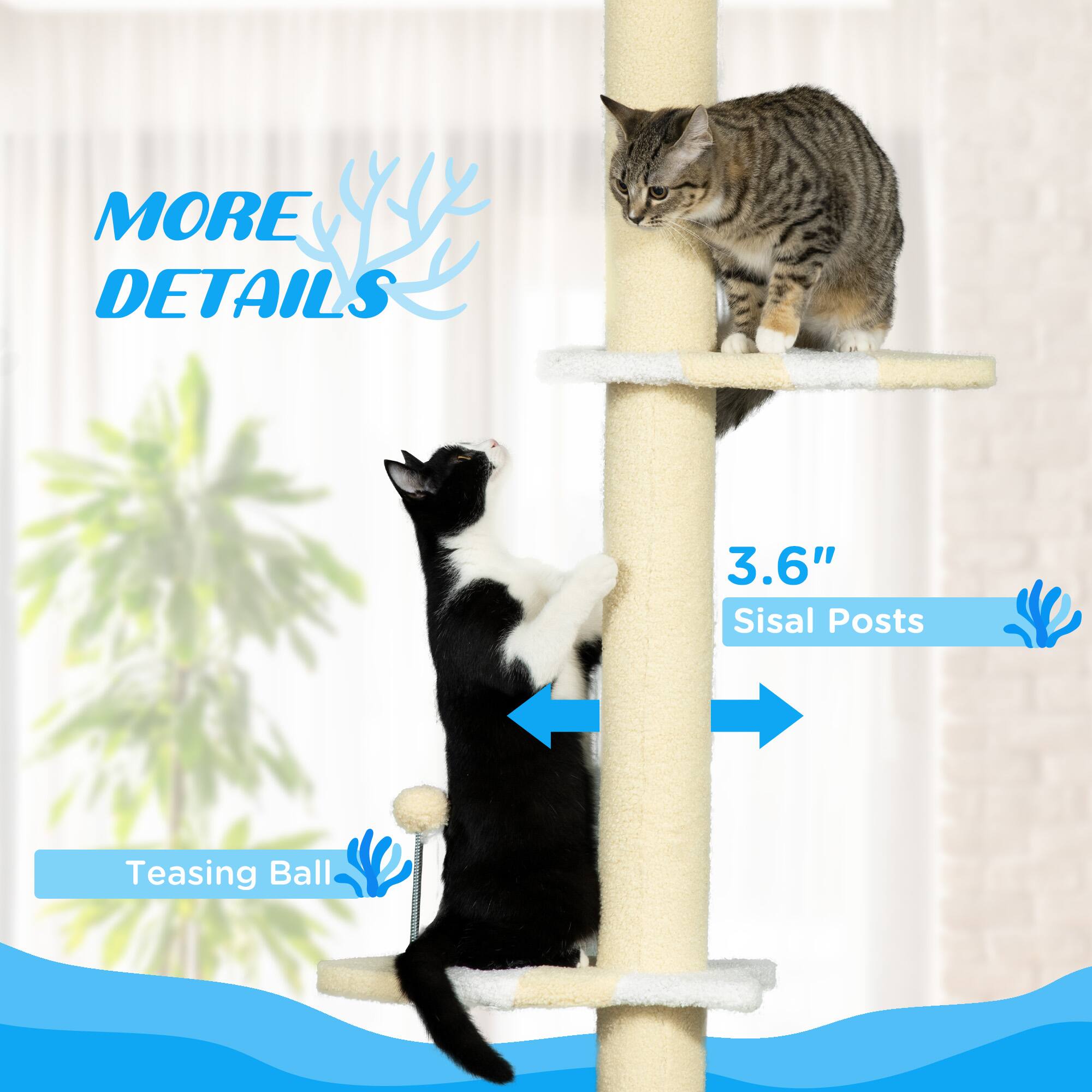 Alt View 1. Pawhut - 87"-103" Height Adjustable Floor to Ceiling Cat Tree, 4 Tier Tall Cat Tower with Plush Platforms, Sisal Scratching Posts - Yellow.