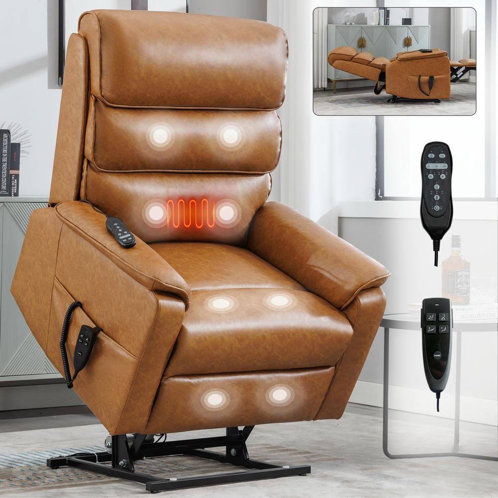 Alt View 7. Kadyn - Dual Motor Power Lift Recliner, Near 180° Recline, Massage & Heat, 350lb Capacity, Yellow Brown - Brown.