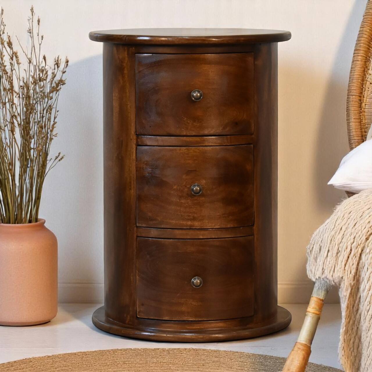 Angle. Artisan Furniture - Artisan Furniture Solid Wood 3 Drawer Chestnut Drum, Dark Brown - Dark Brown.