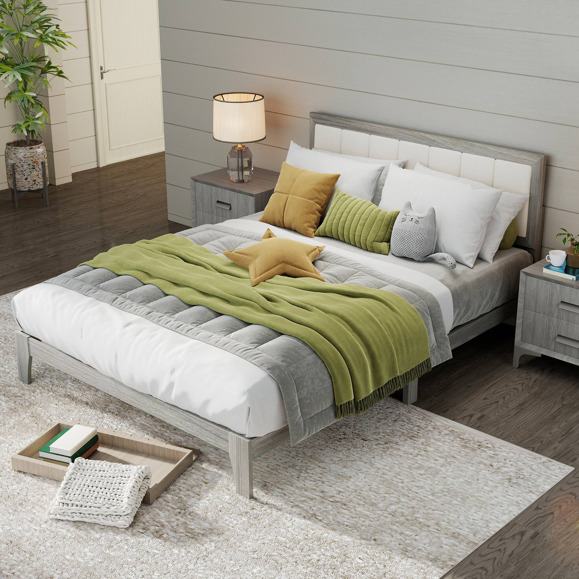 Alt View 8. Homcom - Bed Frame with Headboard Queen Platform Bed Frame with Wooden Slats No Box Spring Needed Easy Assembly - Gray.