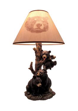 Zeckos - Bear Family Table Lamp W/ Tree Bark Print Shade Western Décor - Black