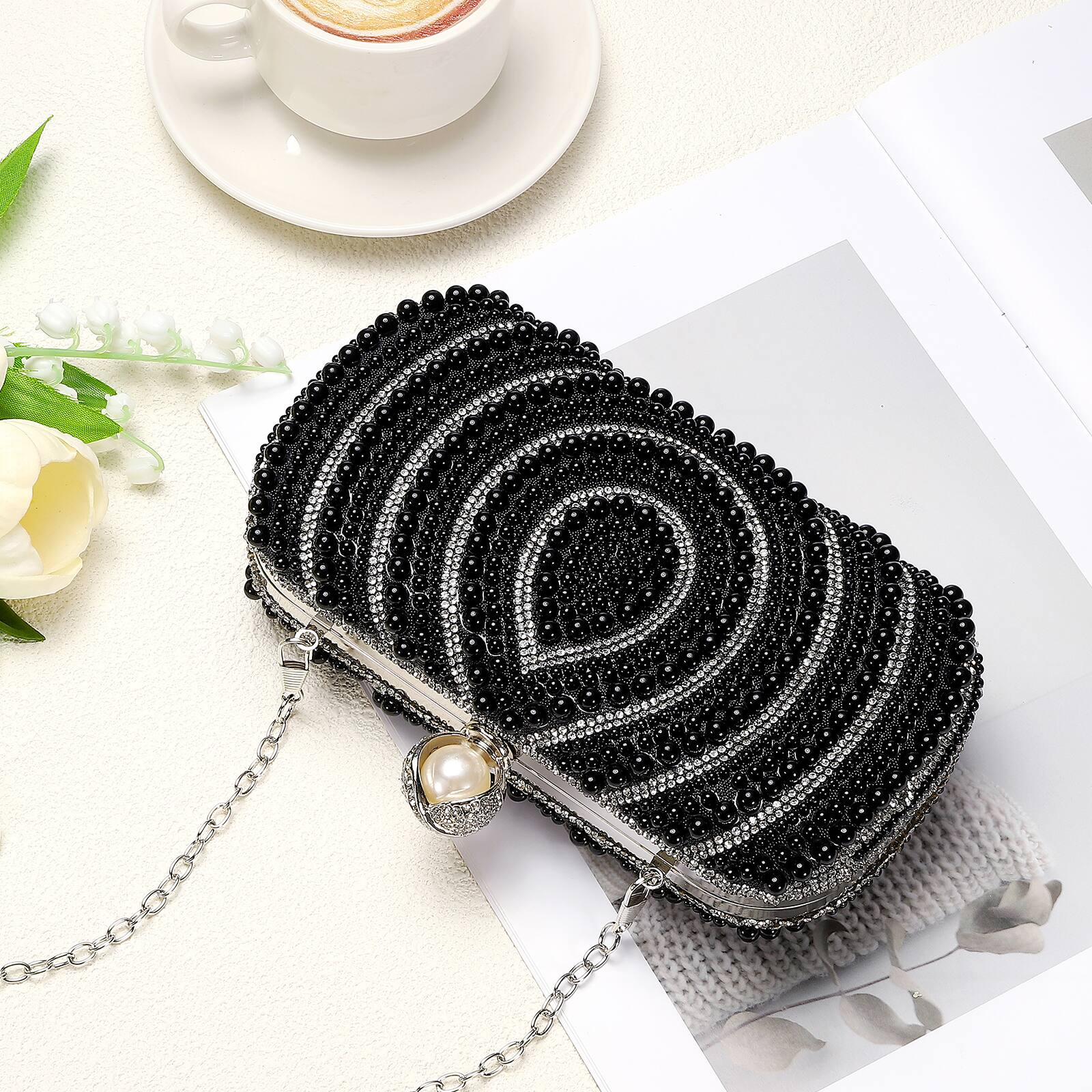 Alt View 5. Unique Bargains - Evening Clutch Purse for Women, Vintage Beads Buckle Clasp Handbag for Bridal Wedding 1920s Party Crossbody Bag - Black.