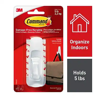 3M Command Brand
Damage-Free Hanging
Para colgar sin dañar
Holds Strongly - Removes Cleanly
N4 residuos al retirar
Large Utility Hook
Ganche grande
Organize Indoors
Holds 5 lbs
General Purpose
S3C0041
1 2