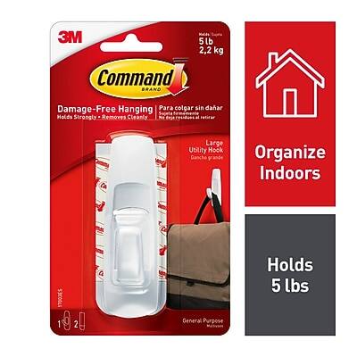 3M Command Brand  
Damage-Free Hanging  
Para colgar sin dañar  
Holds Strongly - Removes Cleanly  
N4 residuos al retirar  
Large Utility Hook  
Ganche grande  
Organize Indoors  
Holds 5 lbs  
General Purpose  
S3C0041  
1 2