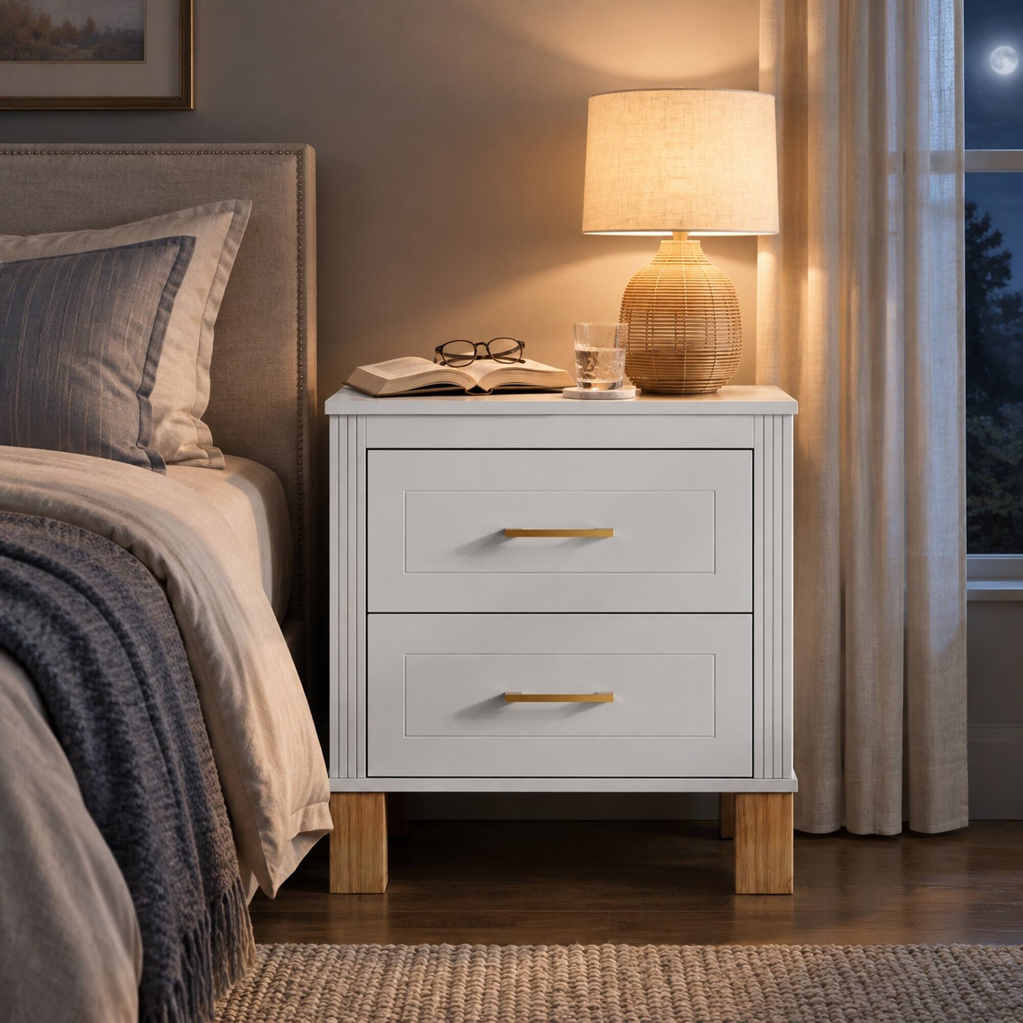RYHNUYNE 2 Drawer Nightstand, MDF Frame, Solid Wood Legs, Fluted Panels ...
