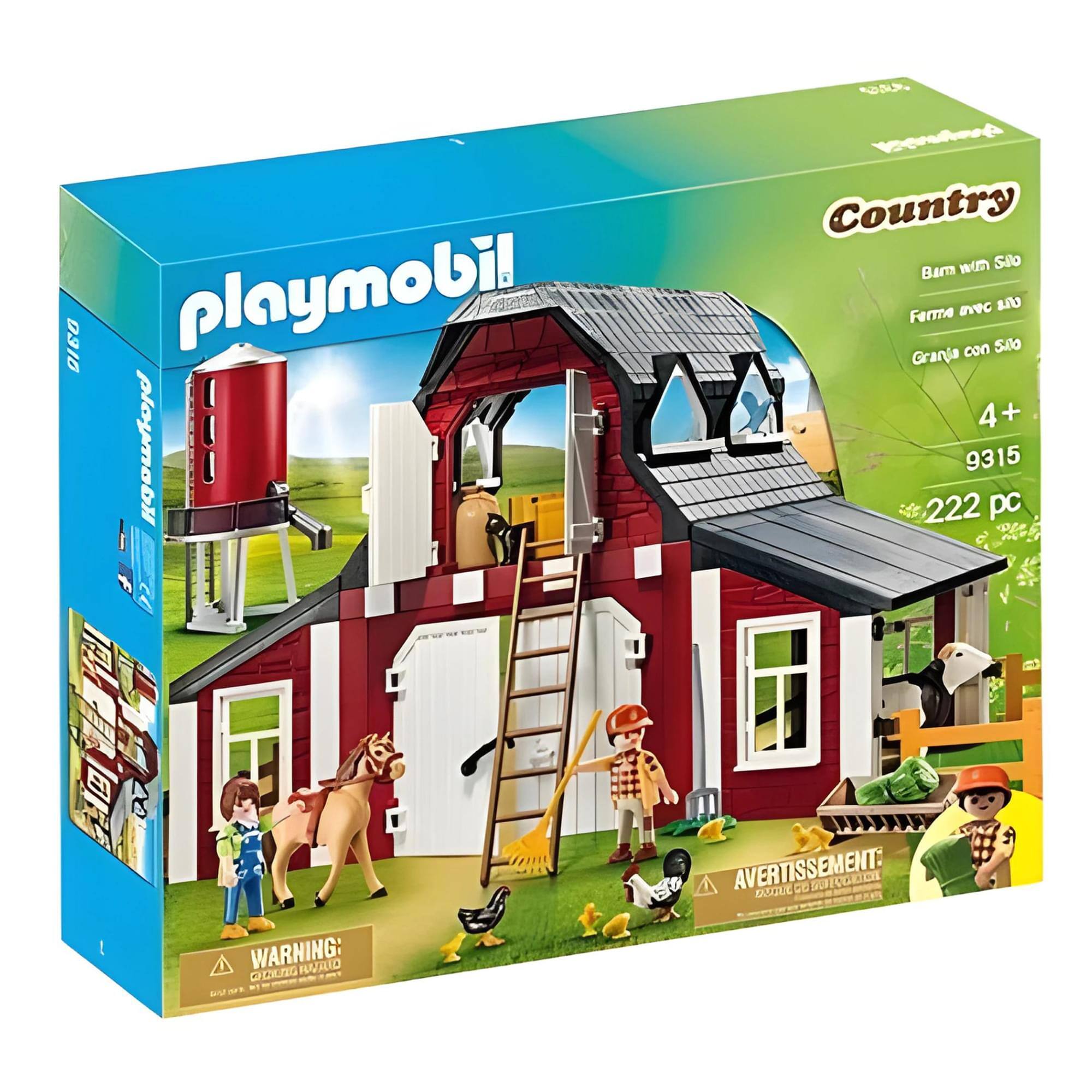 playmobil  
Country  
Farm with Silo  
Ferme avec Silo  
Granja con Silo  
4+  
9315  
222 pc  

WARNING:  
CHOKING HAZARD - Small parts. Not for children under 3 years.  

AVERTISSEMENT:  
AVERTISSEMENT:  
PELIGRO DE AHOGO - Piezas pequeñas. No es adecuado para menores de 3 años.