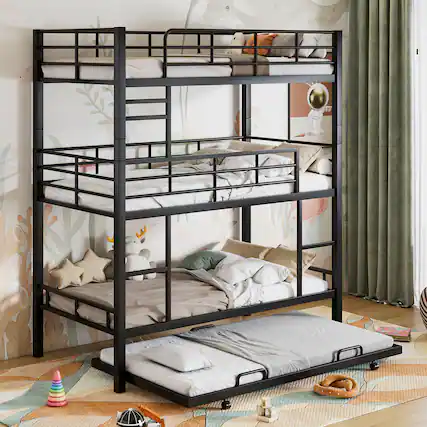 Front. Aukfa - Metal Twin Size Triple Bunk Bed With Trundle - Black.