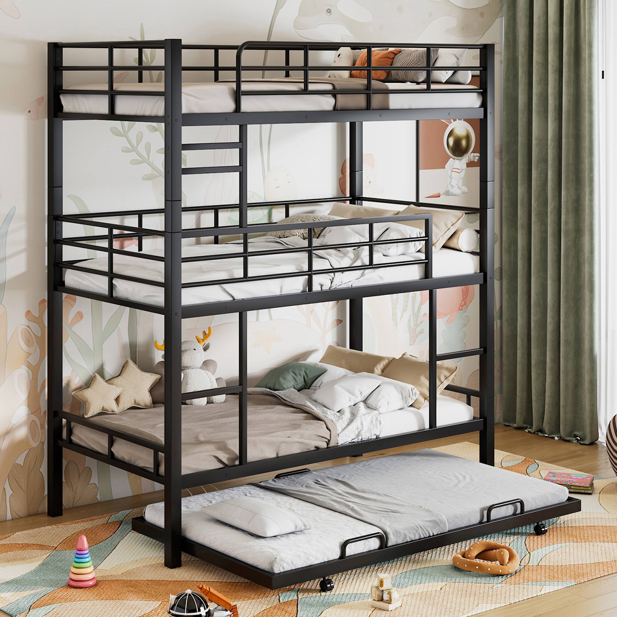 Front. Aukfa - Metal Twin Size Triple Bunk Bed With Trundle - Black.