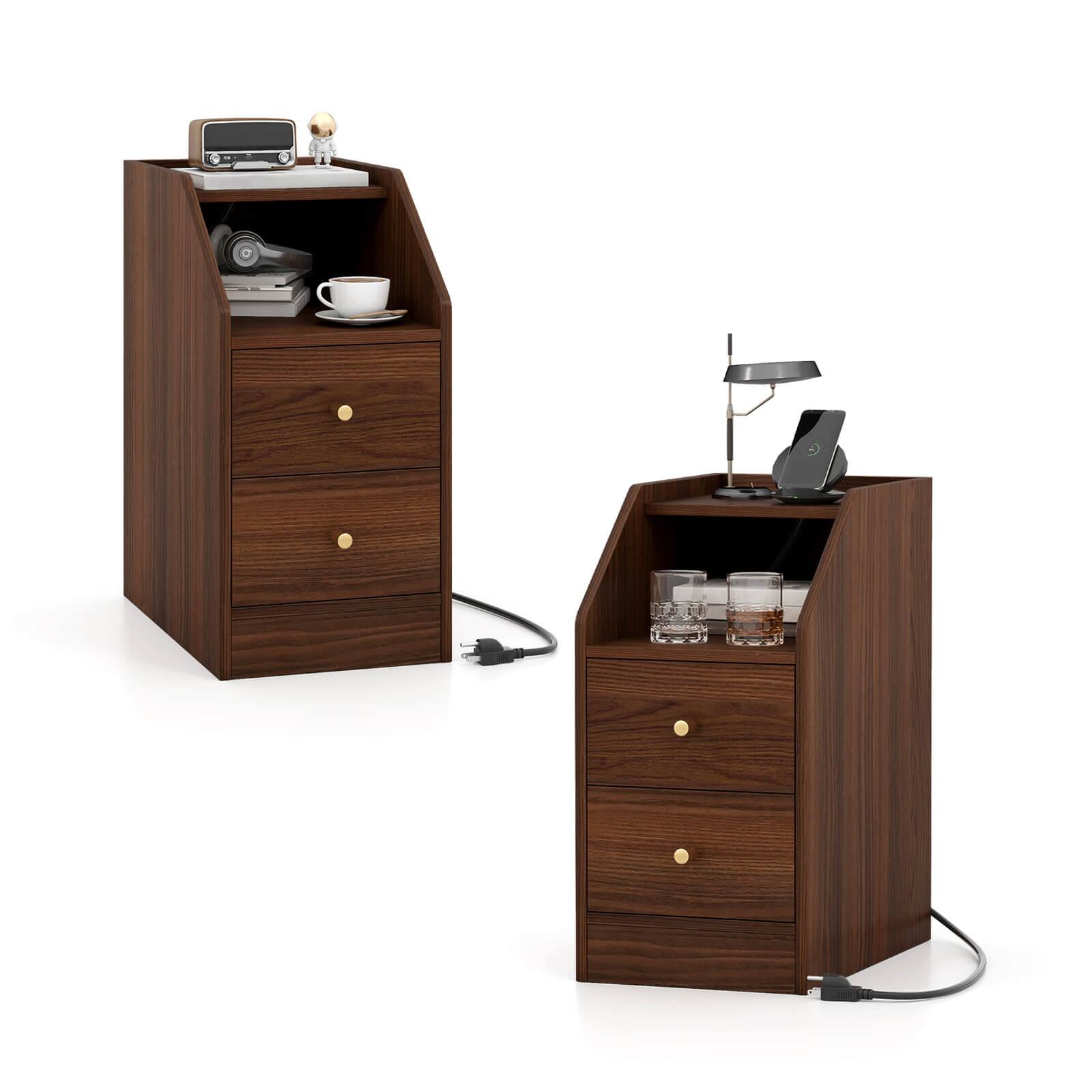 Alt View 9. Costway - Costway Set of 2 Side Tables with Charging Station Storage Drawers for Small Space Bedroom - Walnut.
