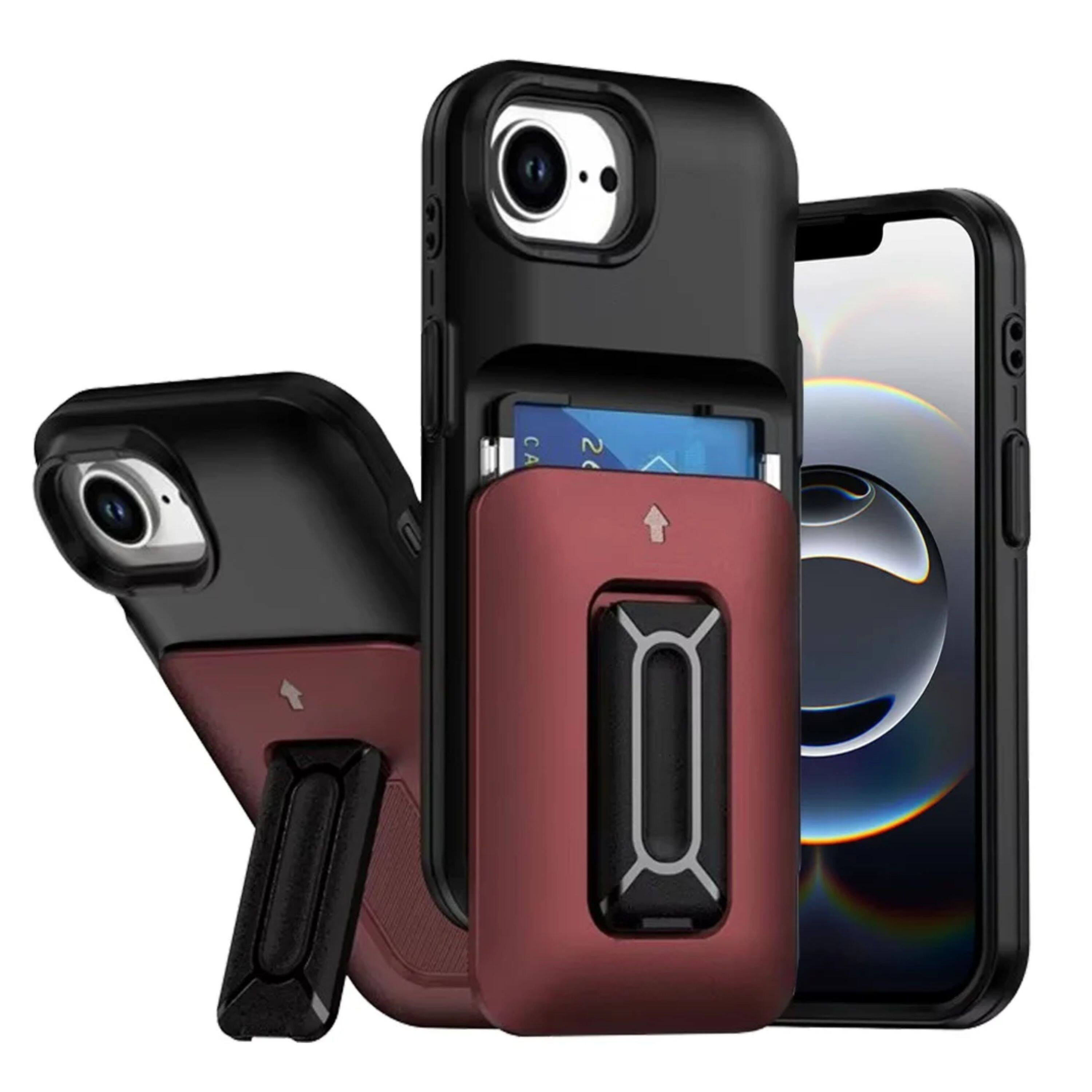 Kitcheniva - Matte Finish Phone Case With Card Holder Kickstand Strap Tempered Glass For iPhone 16e/17e - Black Red price history on PriceWatchPro