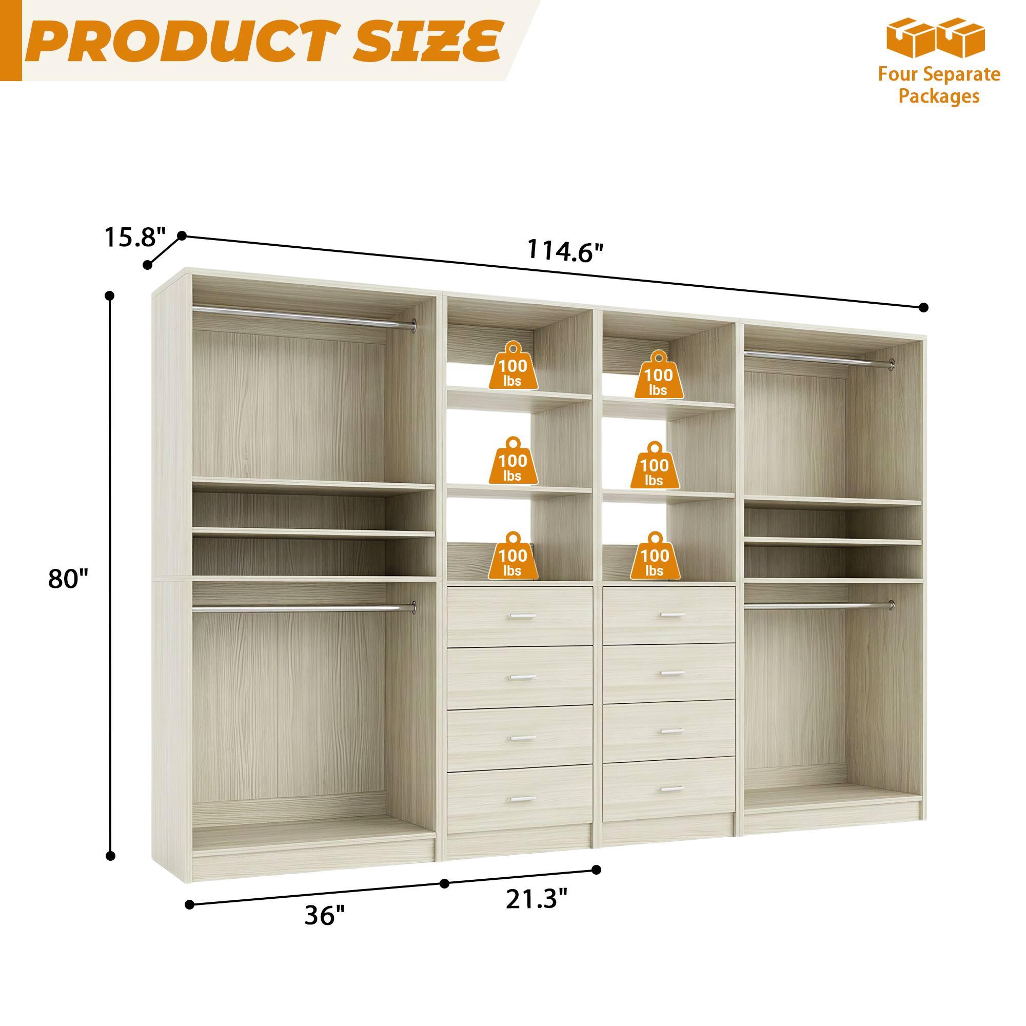 Four Separate Packages

PRODUCT SIZE

114.6" x 80" x 36" x 21.3"

15.8"

100 lbs (x6)