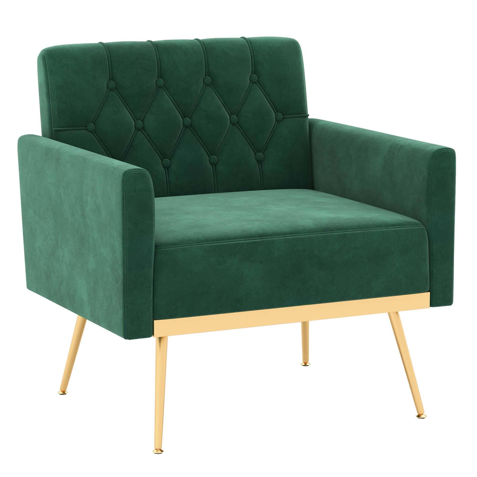 Front. Costway - Modern Velvet Button Tufted Back Accent Chair with Golden Metal Legs and Foot Pads - Green.