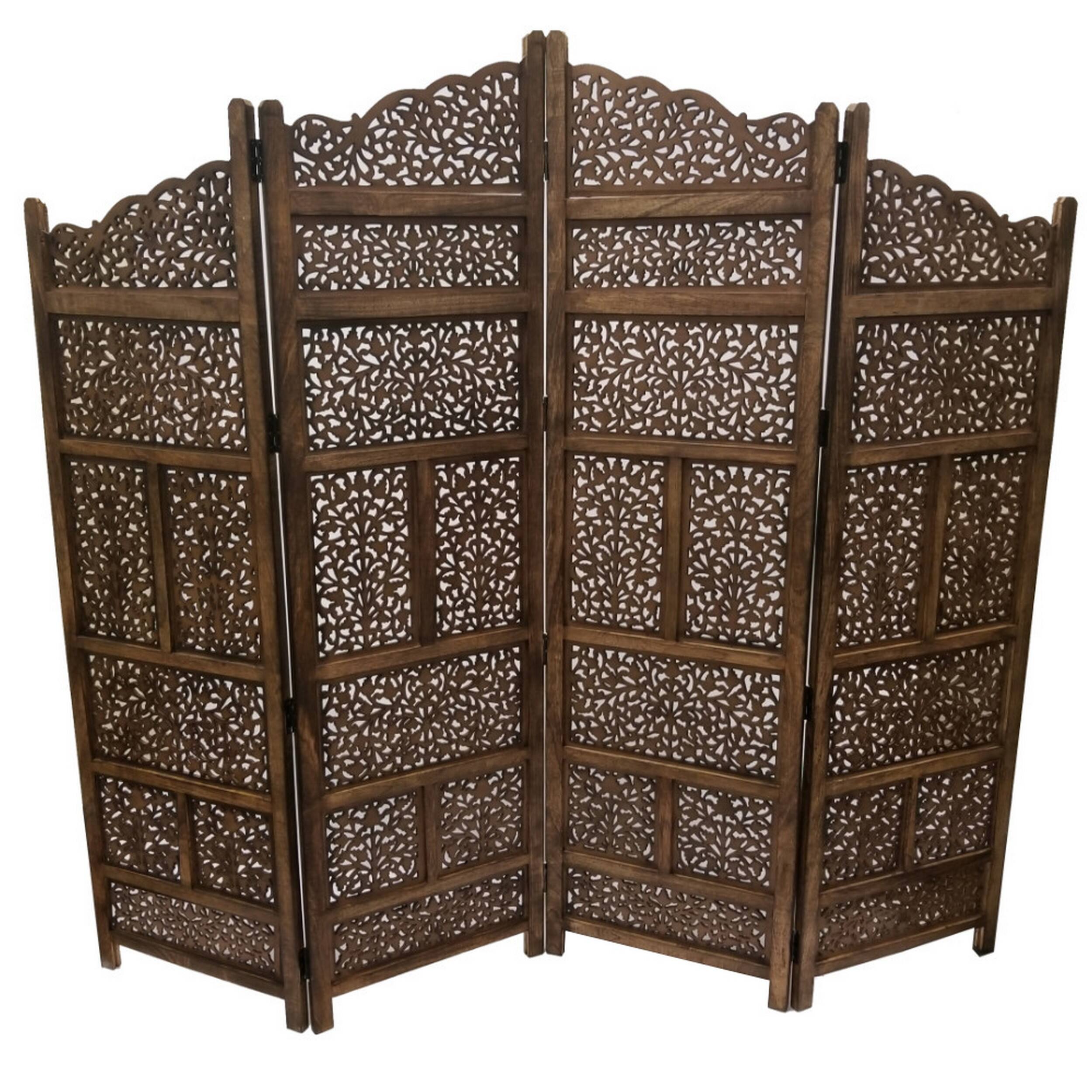 Alt View 2. Manhattan Lane - Benzara Hand Carved Foldable 4 Panel Wooden Partition Screen/RoomDivider - Brown.