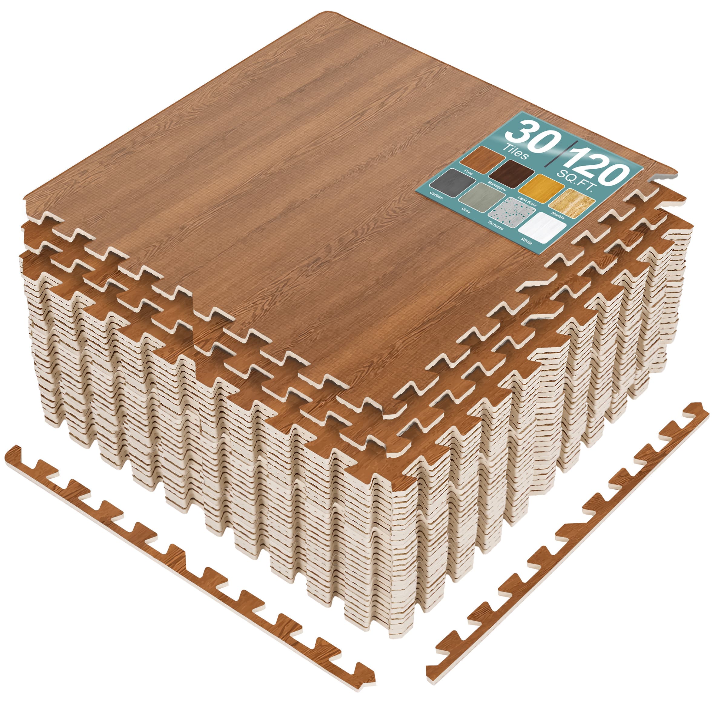 Sorbus - 120 Sq. Ft. Wood Grain Floor Tiles Foam Mat EVA Interlocking Mats Tile 3/8-Inch Thick Flooring Mats w/Borders - Pecan