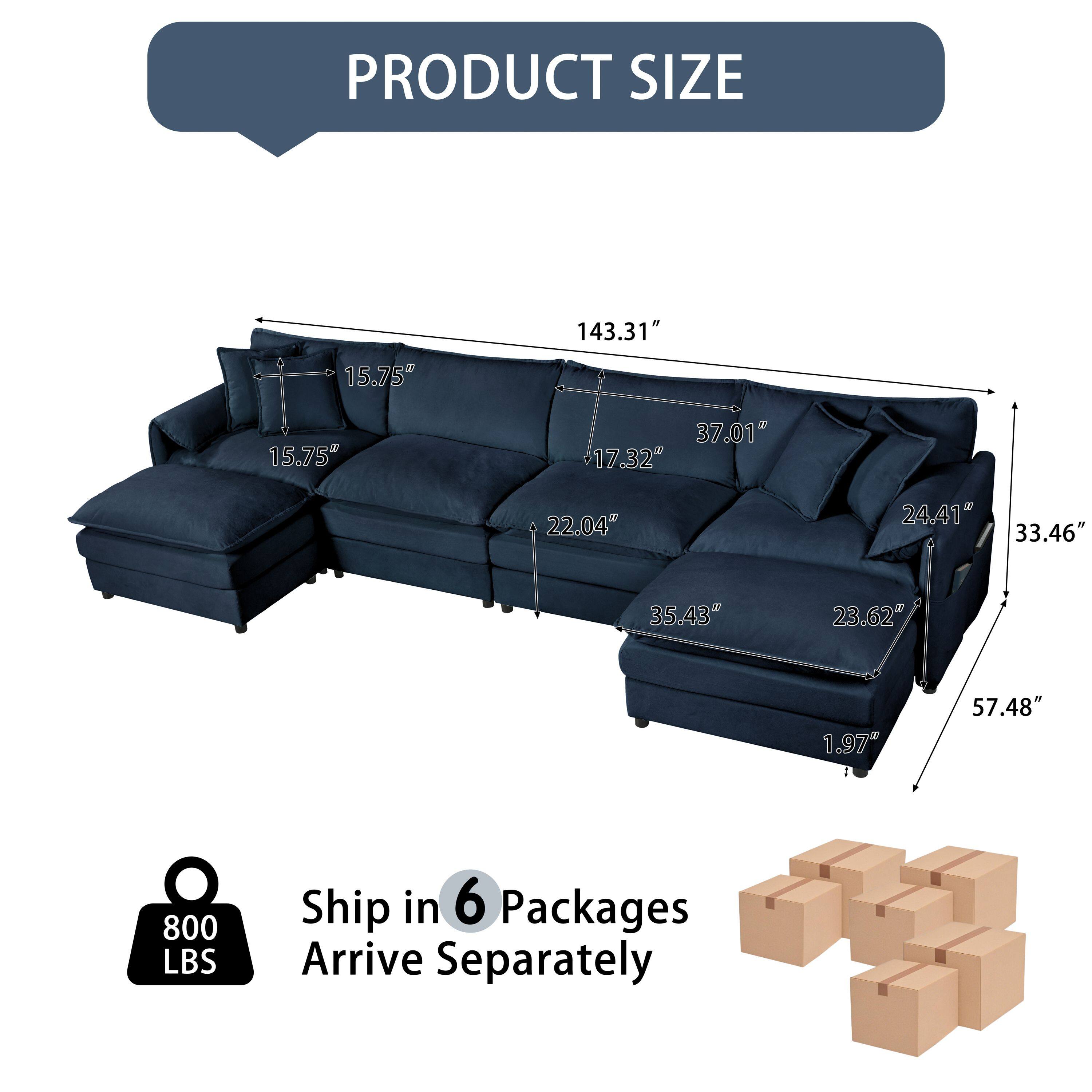 PRODUCT SIZE  
143.31" x 37.01" x 57.48"  
15.75" x 15.75" x 17.32" x 22.04" x 24.41" x 33.46" x 35.43" x 23.62" x 1.97"  

Ship in 6 Packages  
Arrive Separately  

800 LBS