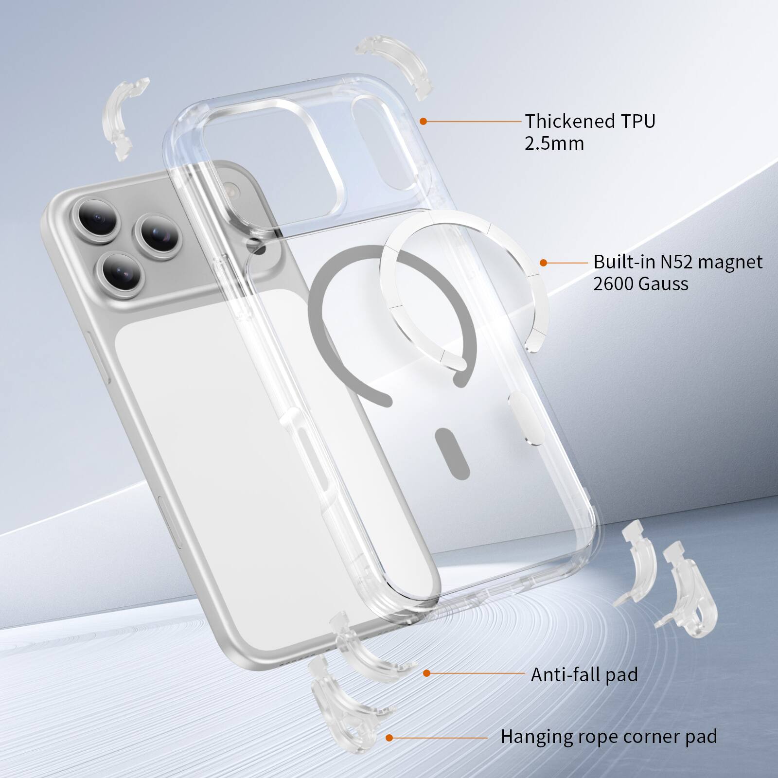 Thickened TPU 2.5mm  
Built-in N52 magnet 2600 Gauss  
Anti-fall pad  
Hanging rope corner pad