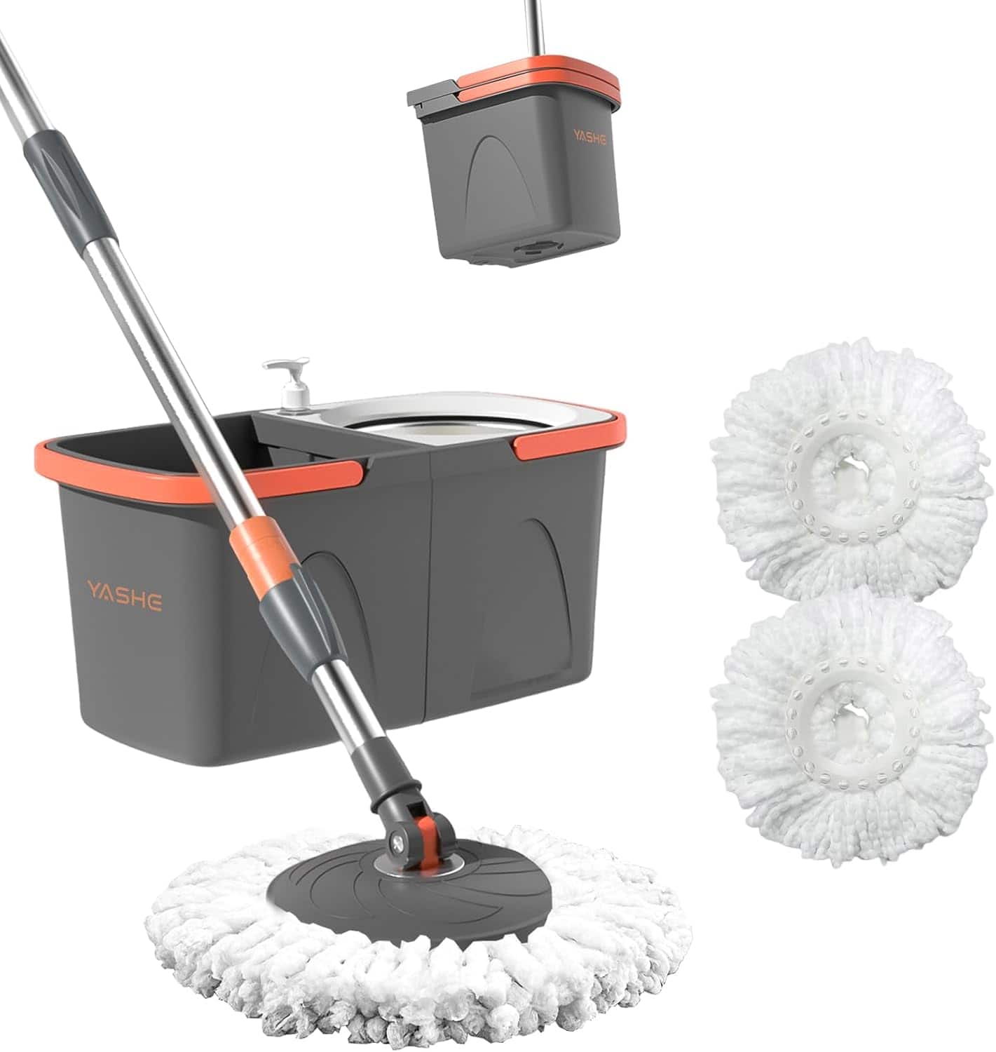 YASHE - Foldable Spin Mop and Bucket System, Dual-Bucket Cleaning, Collapsible Storage with 2 Reusable Microfiber Mop Heads