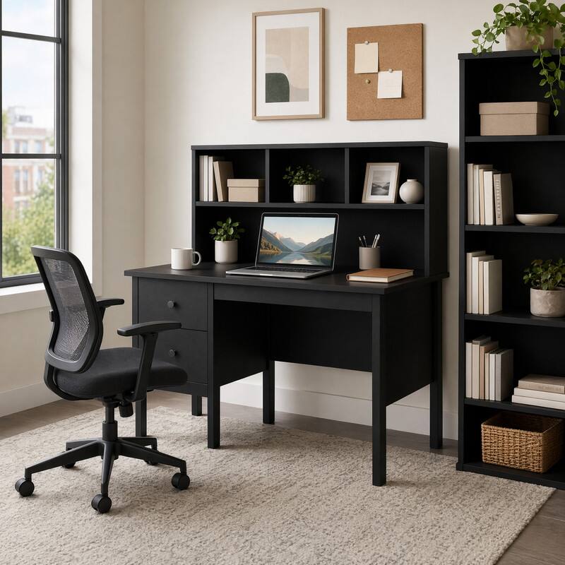 Angle. WELLFOR - 48" Home Office Desk with Charging Station & Storage Cube, Wood Modern Computer Desk with 2 Drawers - Black.
