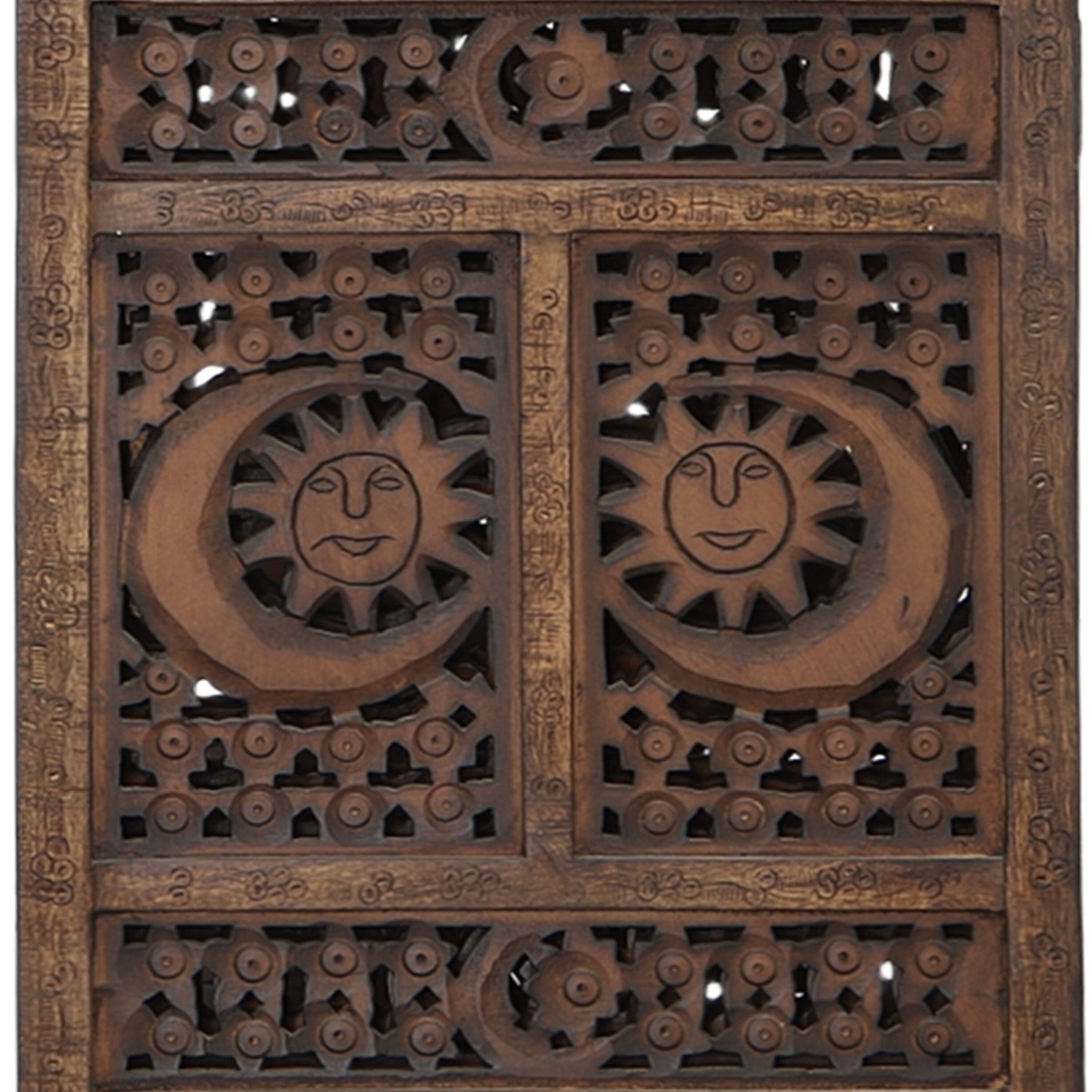 Alt View 4. Manhattan Lane - 71 Inch 4 Panel Mango Wood Room Divider, Hand Carved, Sun & Moon Design - Brown.