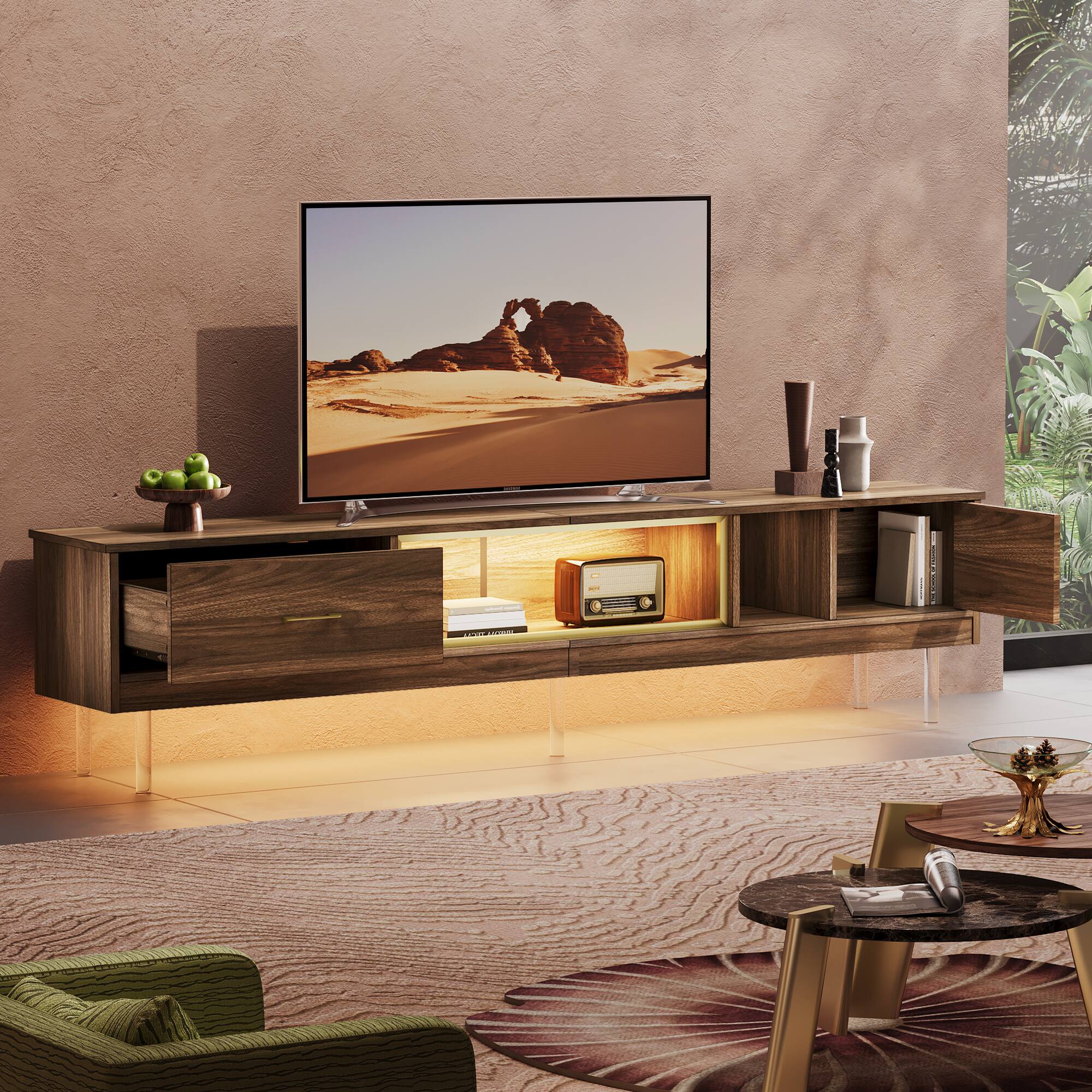 Left. Bestier - 80-inch LED Entertainment Center for TVs Up to 85",TV Stand with Drawer, 2 Cabinets & Acrylic Legs - Walnut.