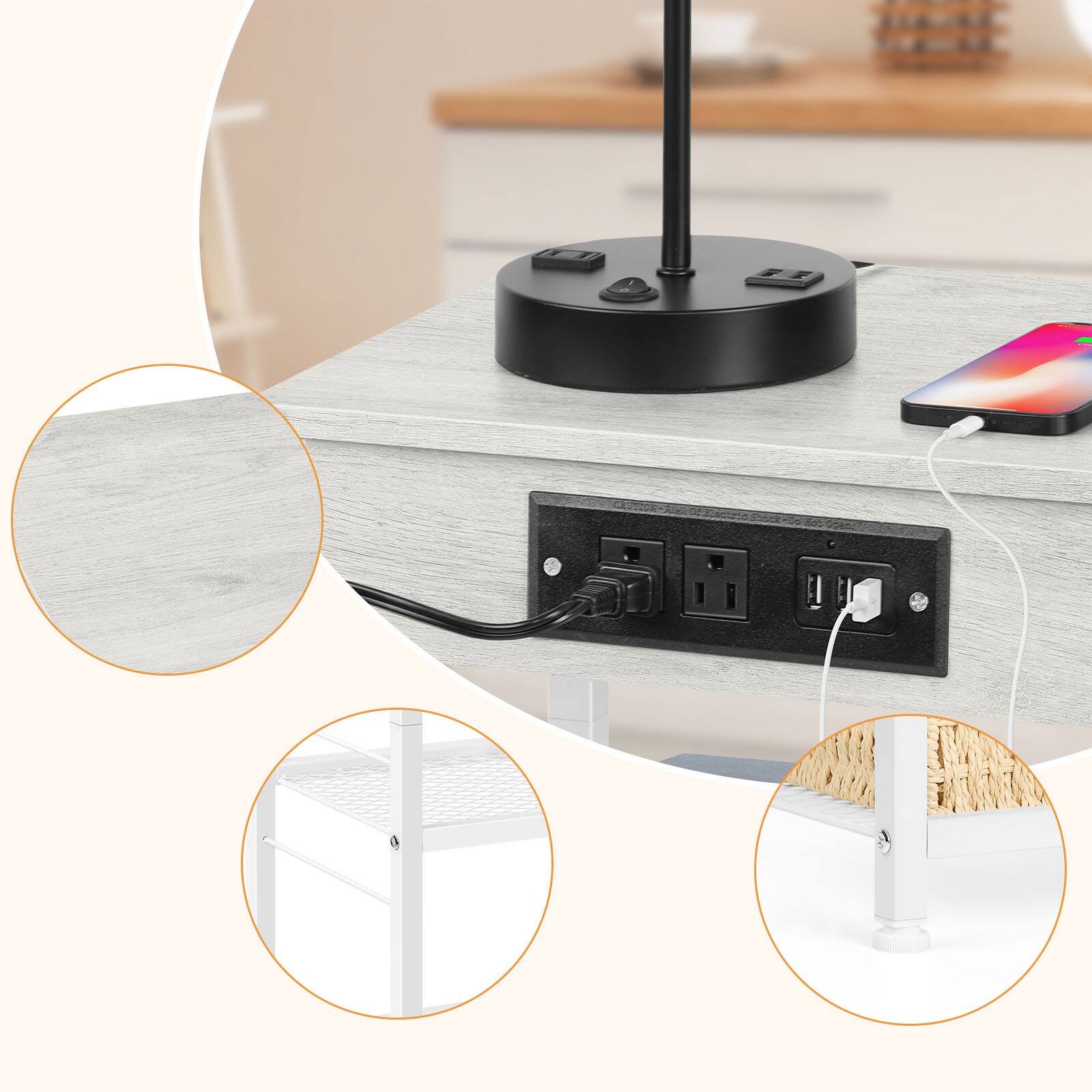 Left. Oumilen - White 2-Tier Mesh Side Table with Charging Station, Industrial End Table with Adjustable Foot Pads - White.