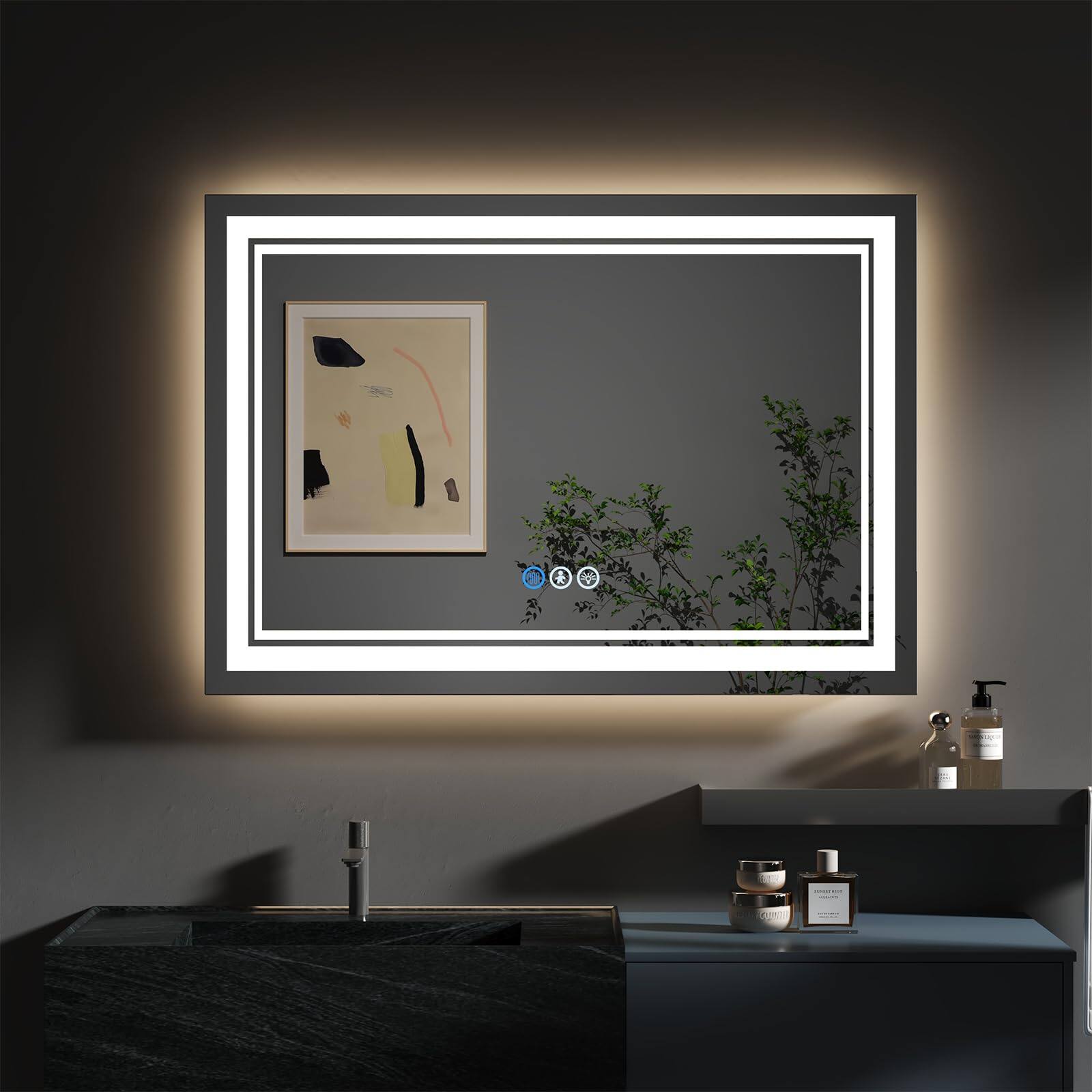 Earthley Blooms - Led Bathroom Mirror With Lights Human Body Sensing Lighted Vanity Wall Memory Function Anti-fog Dimmable - 24"L x 32"W