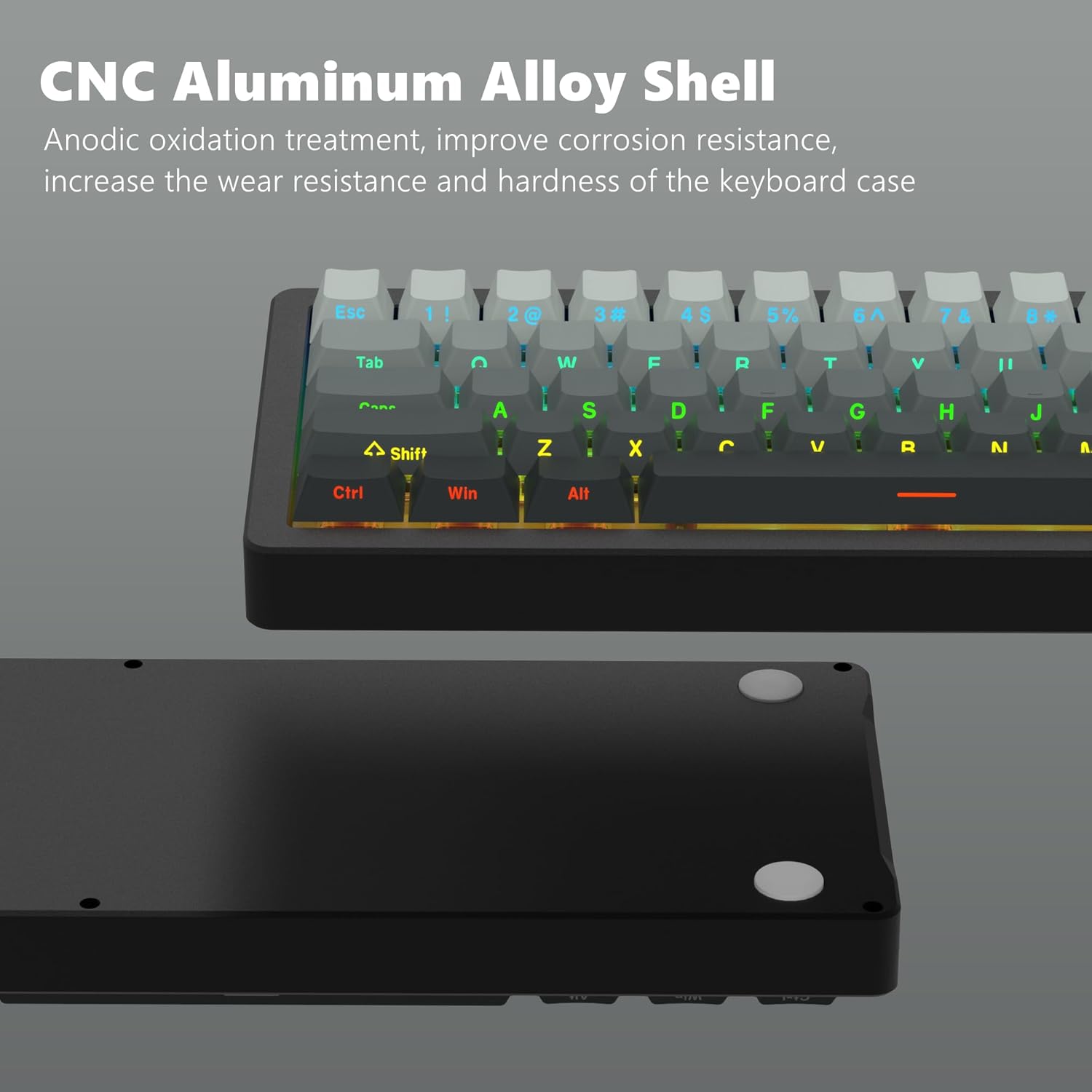 CNC Aluminum Alloy Shell  
Anodic oxidation treatment, improve corrosion resistance, increase the wear resistance and hardness of the keyboard case