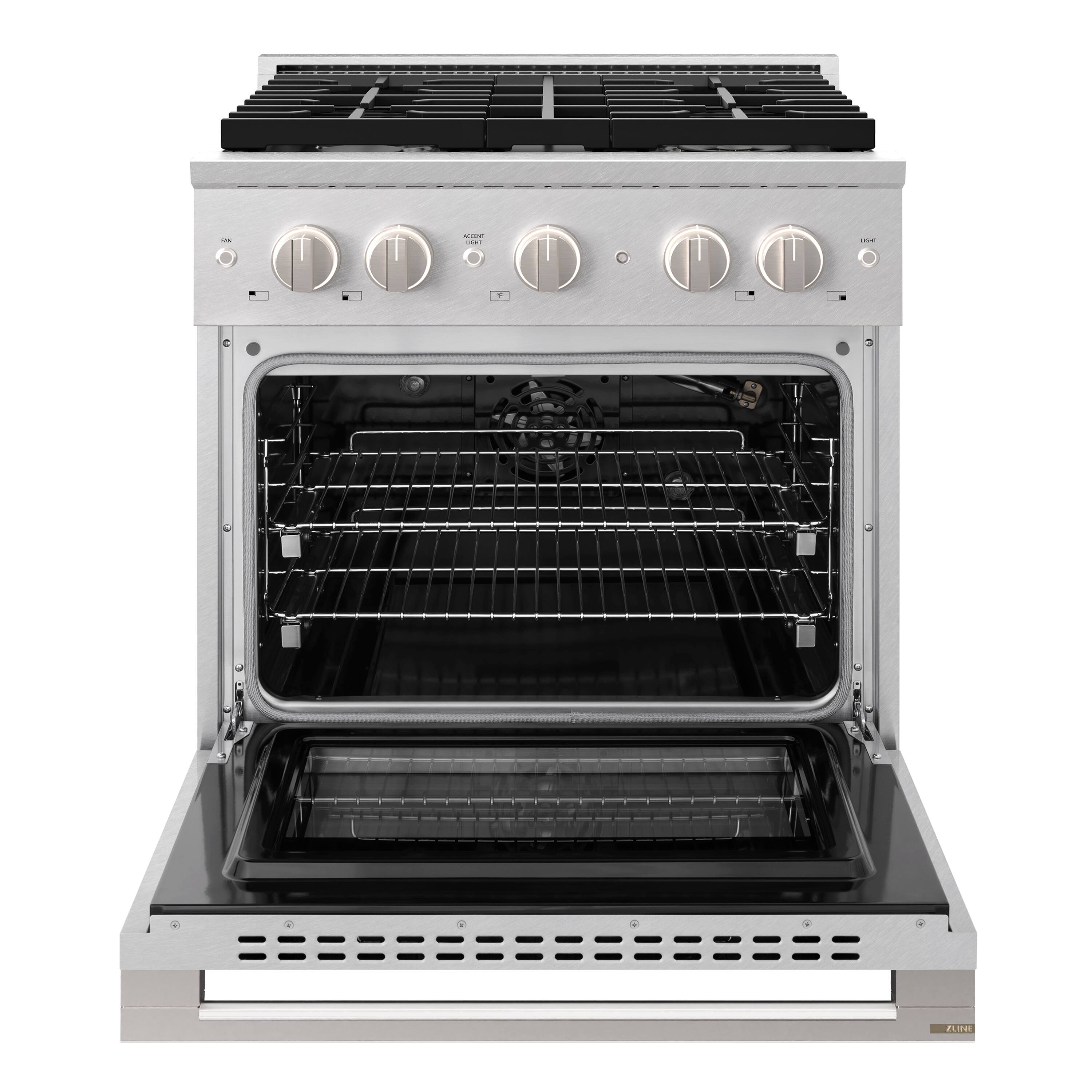 Angle. ZLINE - 30 in. 4.2 cu. ft. Marino Freestanding Gas Range with Manual Clean Convection Gas Oven with 4 Brass Burners - Satin Stainless Steel.