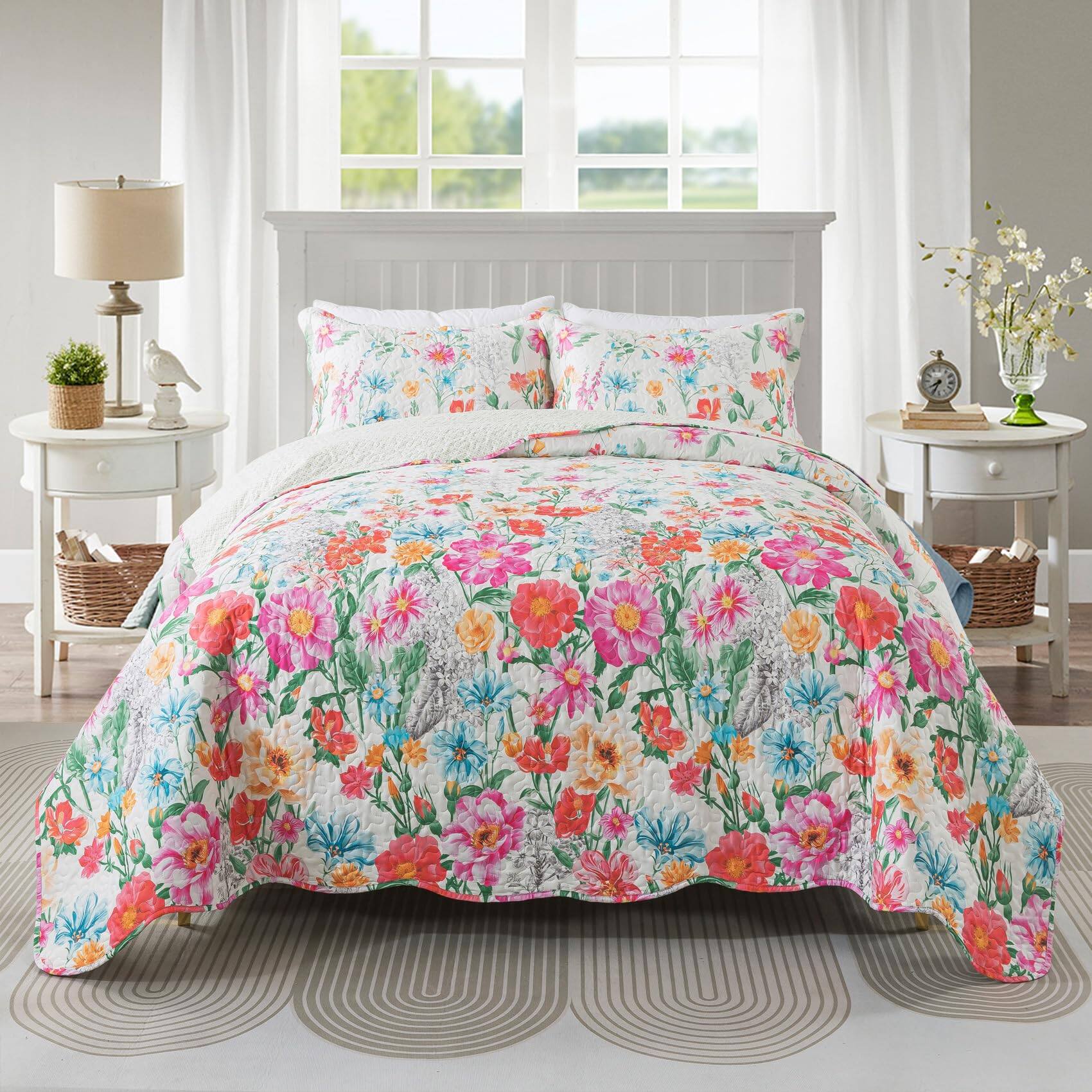 Back. TECH SAFARI - Floral Quilt Set Ultra Soft Reversible Bedding With 1 And 2 Shams Flower For All Season Coreopsis - F-blue King.
