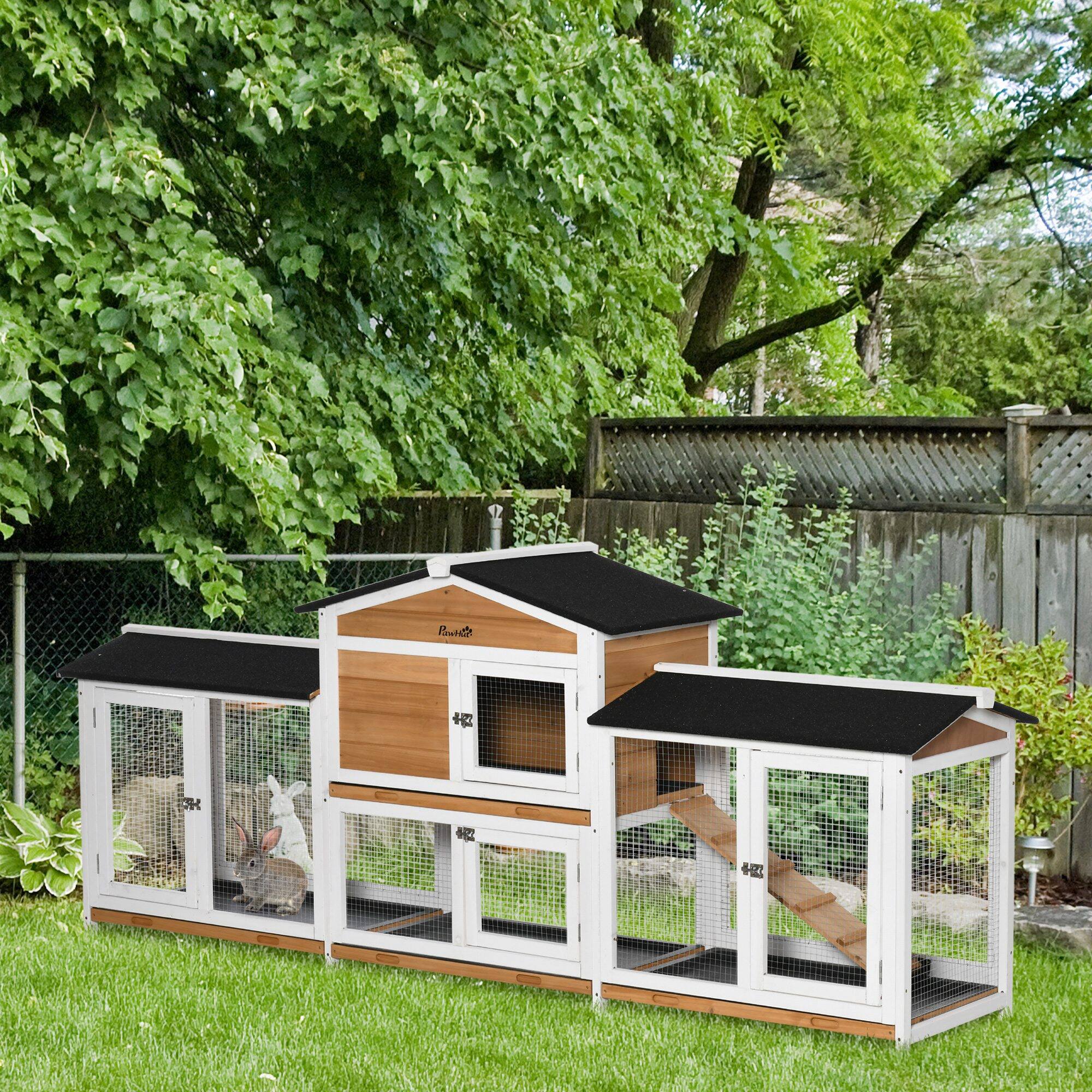 Angle. Pawhut - 90.5" Wooden Rabbit Hutch, Enclosure with Double Side Run Boxes, No Leak Tray, Ramp, Guinea Pig, Small Animals.