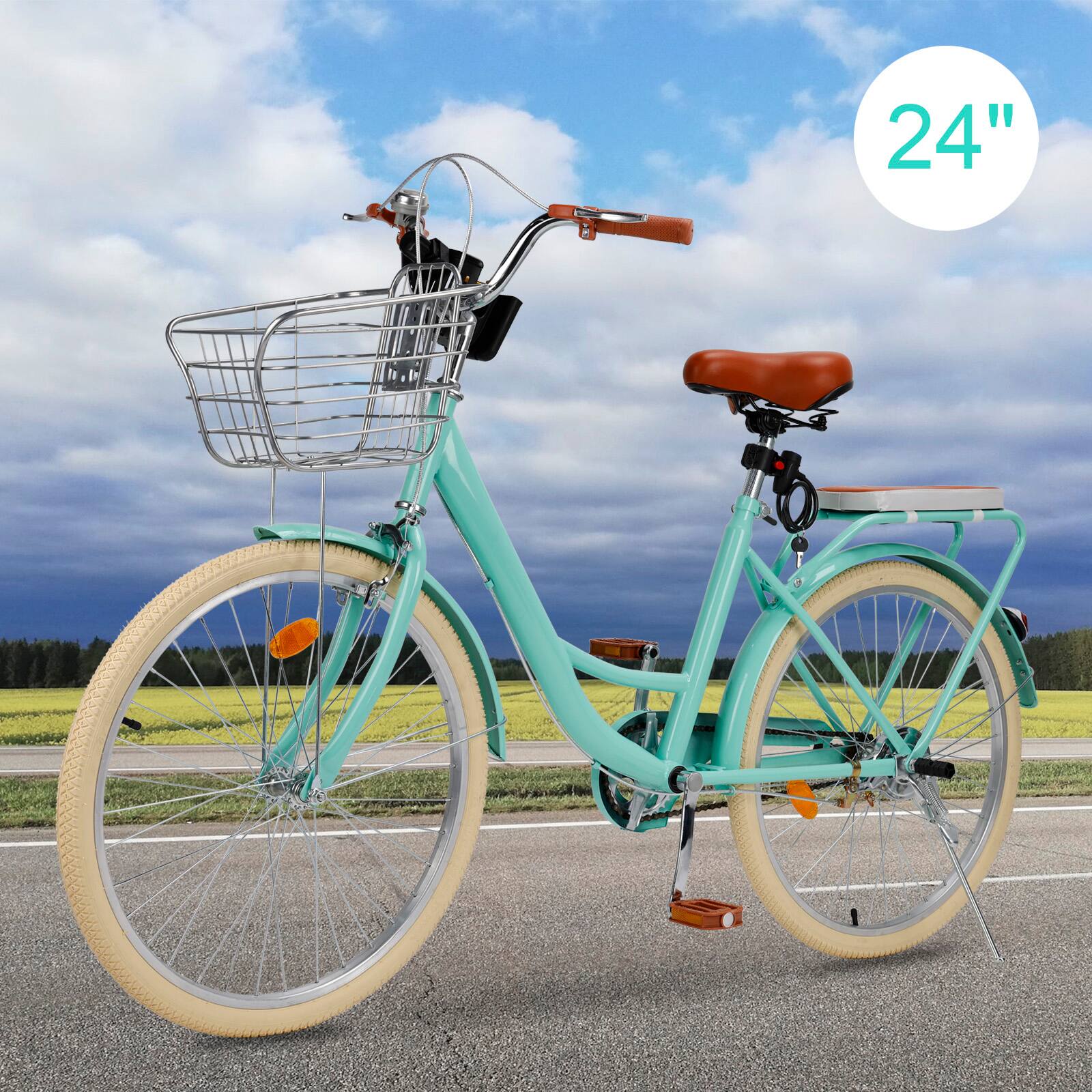 Alt View 2. Topteng - 24" Beach Cruiser Bike for Men/Women with Cup Holder, High Carbon Steel Frame, Dual Brakes, Rear Rack and Basket, Green - Green.