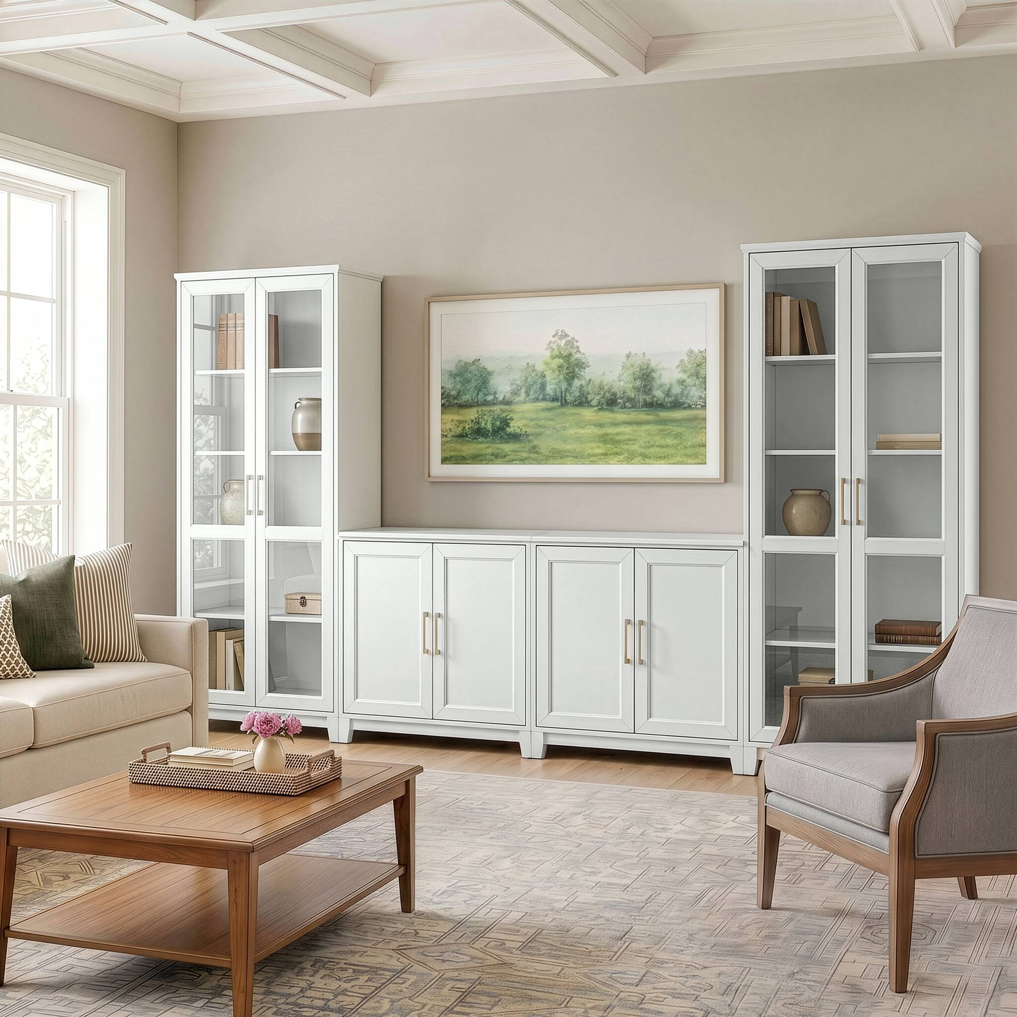 Alt View 5. Martha Stewart - Dual 2-Door Base Cabinets-2 Tall Media Cabinets-Premium Hardware - White Frame/Gold Hardware.