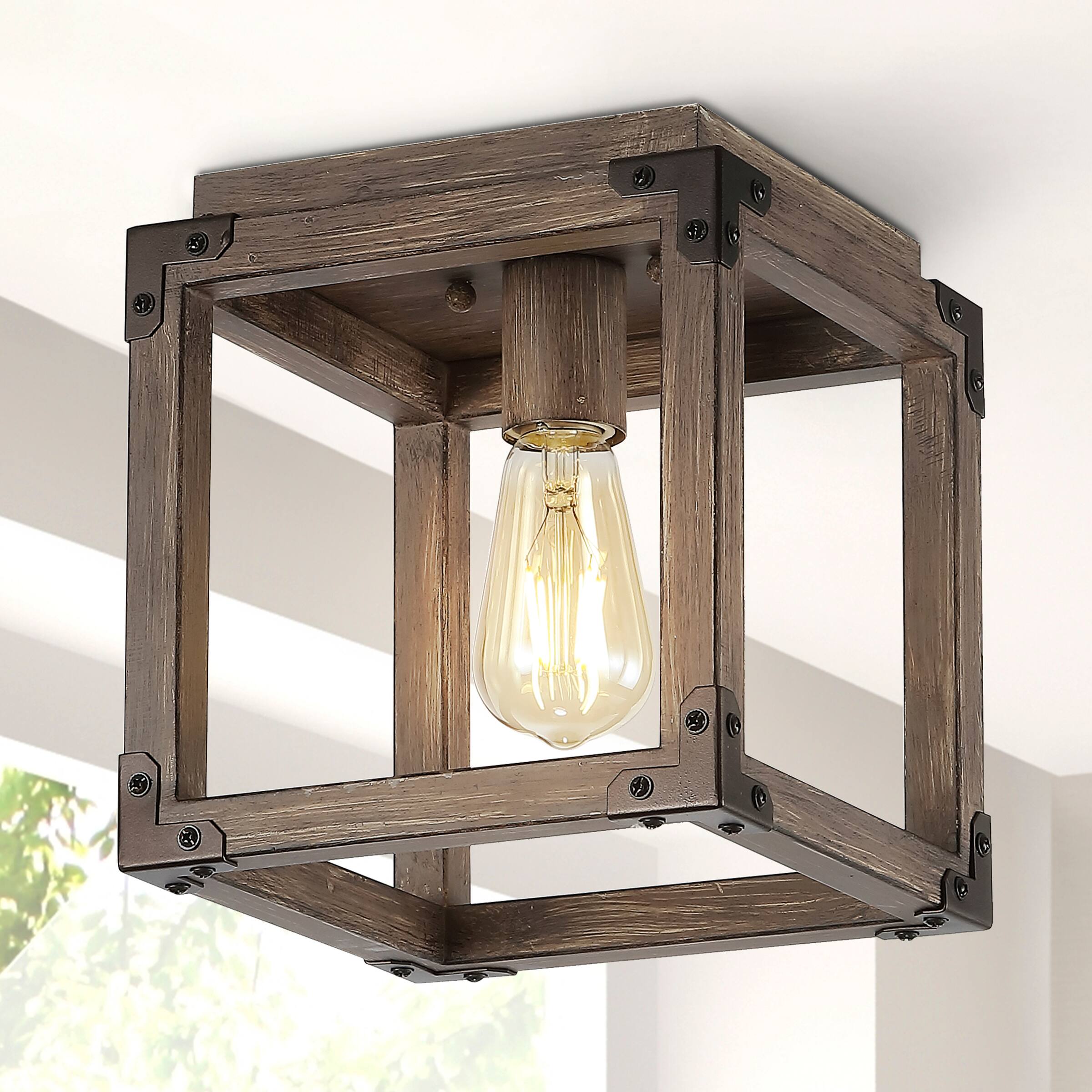 Alt View 1. Jonathan Y - Magnolia 8" Iron Rustic Farmhouse LED Flush Mount, Brown - Brown.