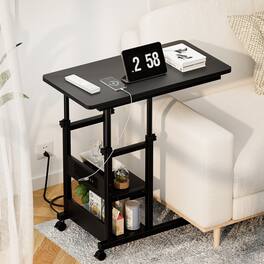 Aheaplus - C-Shaped Height Adjustable End Table with Power Outlet, Side Table with Storage Shelves - Black