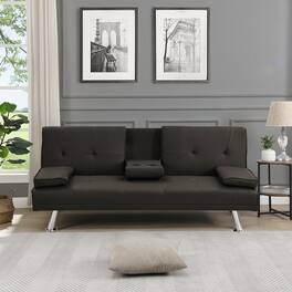 Tiramisubest - Modern Sofa Bed with Armrest Two Holders, PVC Upholstery, Wood Frame, Stainless Steel Legs - Dark Brown
