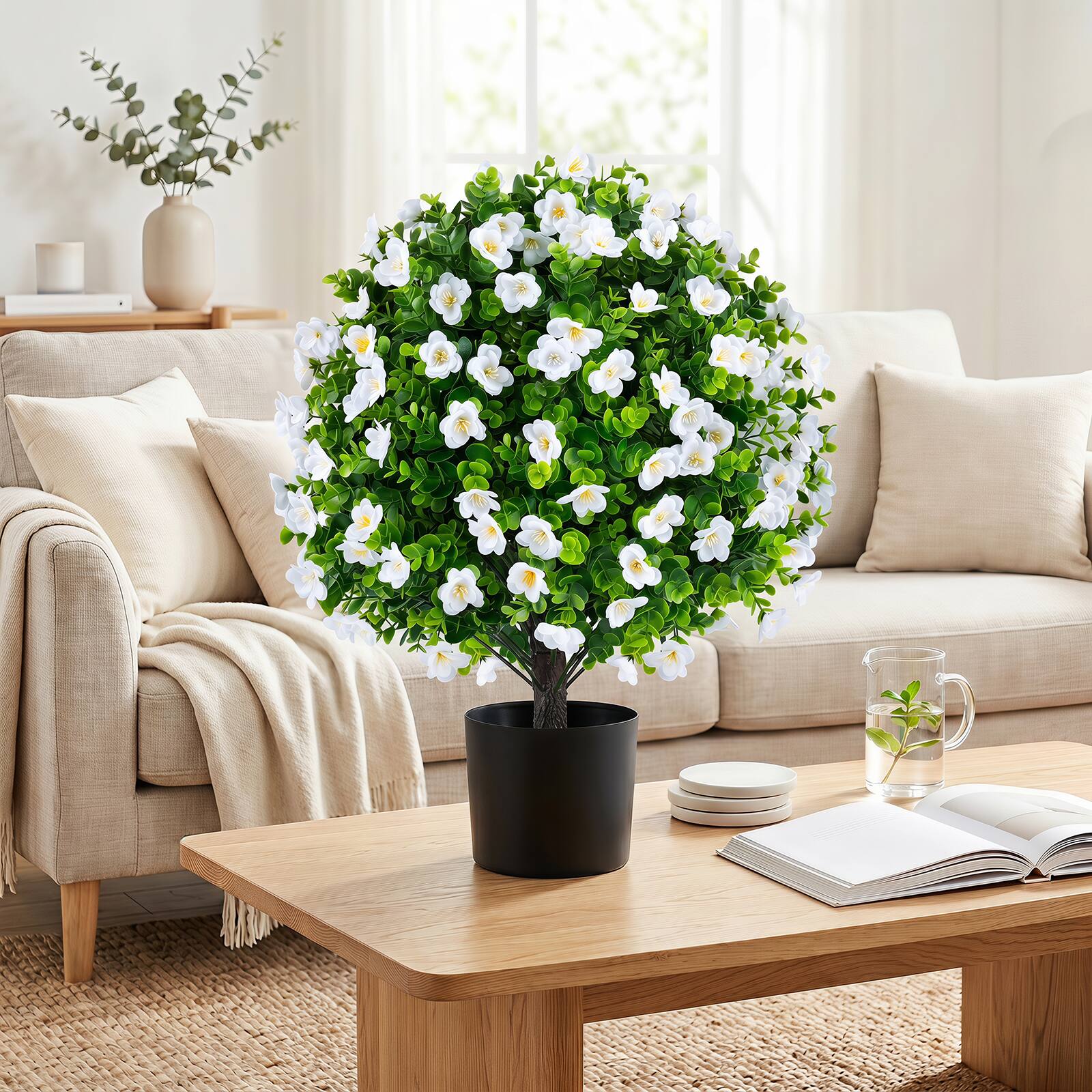 Alt View 3. Gymax - Gymax 2 Pack Artificial Eucalyptus Topiary Ball Trees w/Flowers Cement Filled Planter Green & White & Black - White.