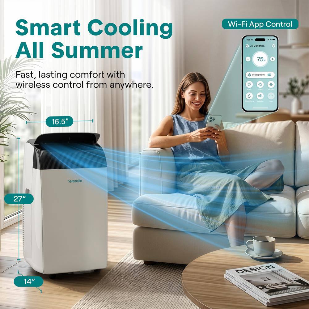 Smart Cooling All Summer  
Fast, lasting comfort with wireless control from anywhere.  
Wi-Fi App Control  
Serenelle  
16.5" x 27" x 14"  
DESIGN