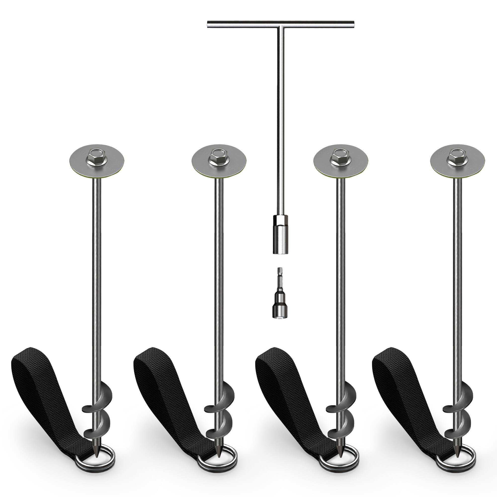 Front. Jumpflex - JumpFlex Trampoline Anchor Kit PRO, Heavy Duty Ground Anchoring Metal Stakes Set - Black/Silver.