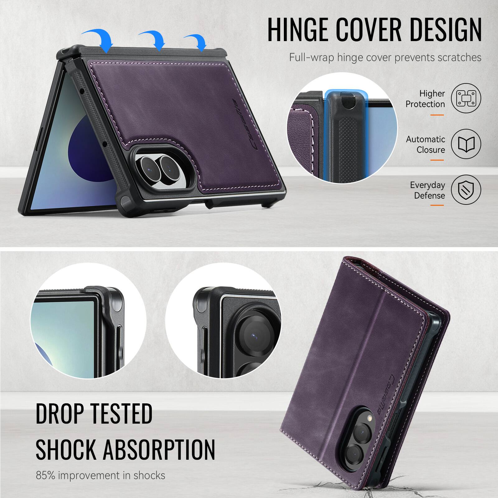 HINGE COVER DESIGN  
Full-wrap hinge cover prevents scratches

Higher Protection  
Automatic Closure  
Everyday Defense

DROP TESTED SHOCK ABSORPTION  
85% improvement in shocks