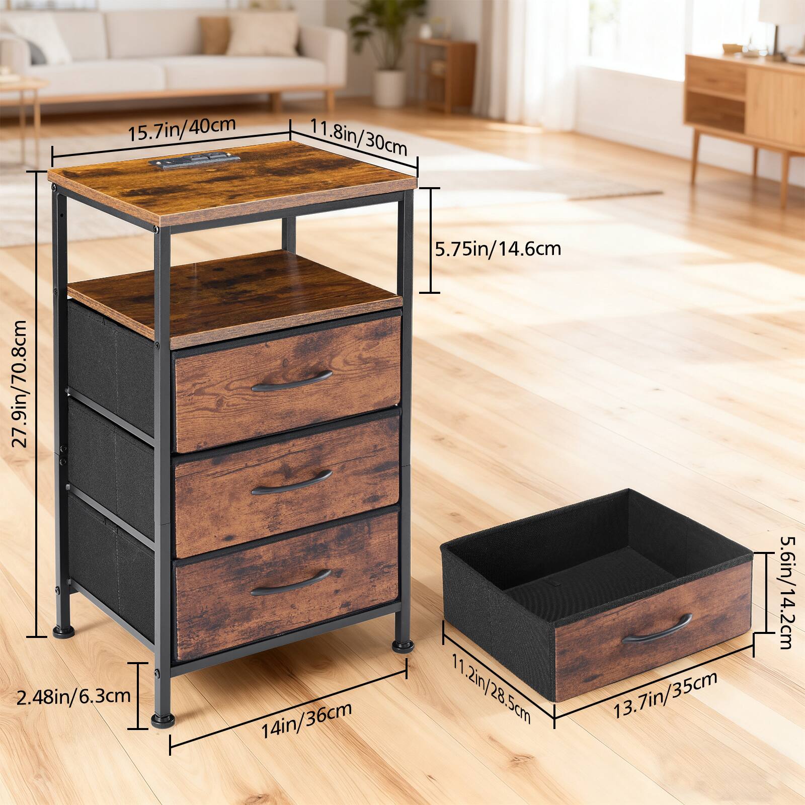 15.7in/40cm  
11.8in/30cm  
5.75in/14.6cm  
27.9in/70.8cm  
2.48in/6.3cm  
14in/36cm  
11.2in/28.5cm  
13.7in/35cm  
5.6in/14.2cm