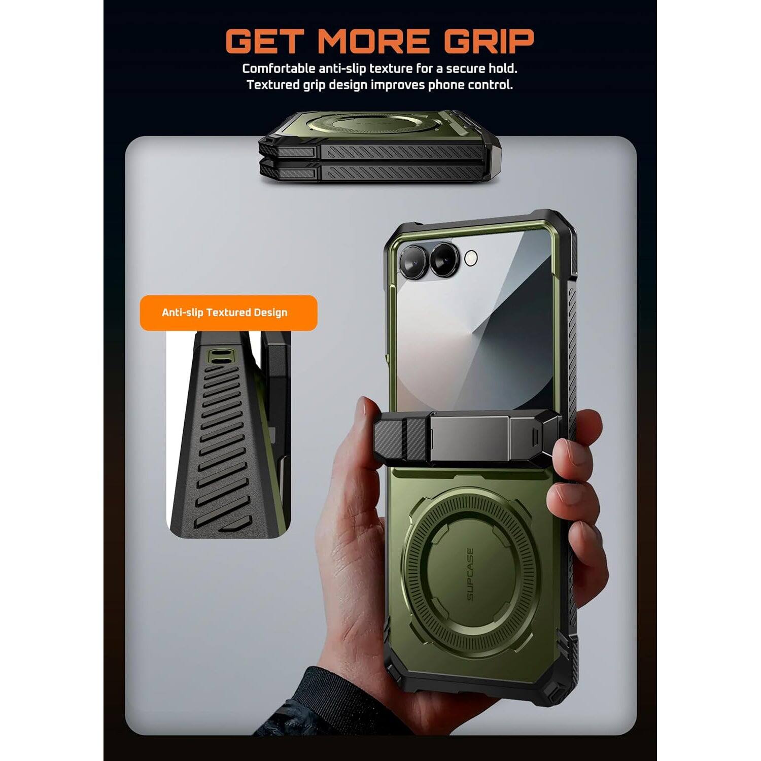 GET MORE GRIP

Comfortable anti-slip texture for a secure hold.
Textured grip design improves phone control.
Anti-slip Textured Design SUPCASE