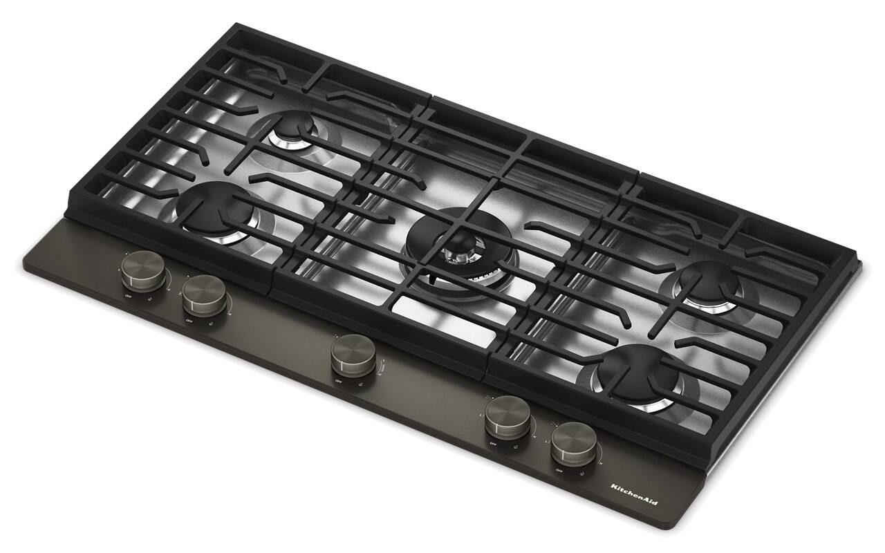 Left. KitchenAid - 36 in. Wide 5 burners Gas Cooktop with Integrated Wok Grate - Black Ore.