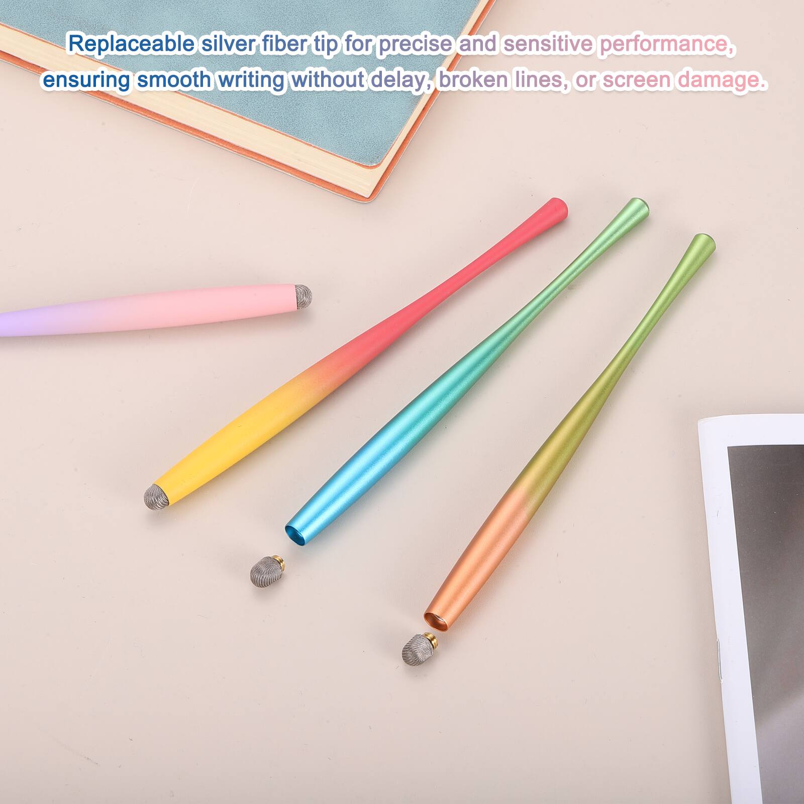 Replaceable silver fiber tip for precise and sensitive performance, ensuring smooth writing without delay, broken lines, or screen damage.