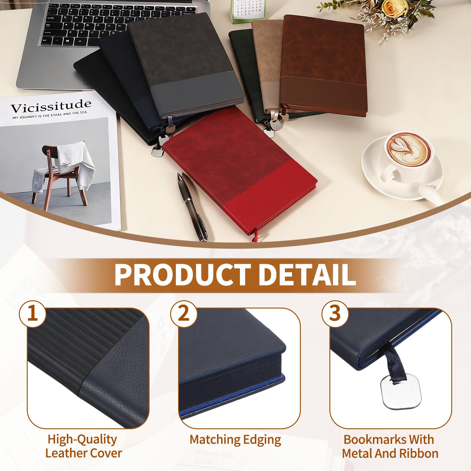 Vicissitude  
MY JOURNEY IN THE STARS AND THE SEA  

PRODUCT DETAIL  

1. High-Quality Leather Cover  
2. Matching Edging  
3. Bookmarks With Metal And Ribbon