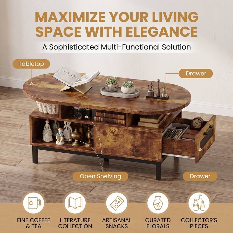 MAXIMIZE YOUR LIVING SPACE WITH ELEGANCE  
A Sophisticated Multi-Functional Solution

Tabletop  
Drawer  
Open Shelving  
Drawer  

FINE COFFEE & TEA  
LITERATURE COLLECTION  
ARTISANAL SNACKS  
CURATED FLORALS  
COLLECTOR'S PIECES
