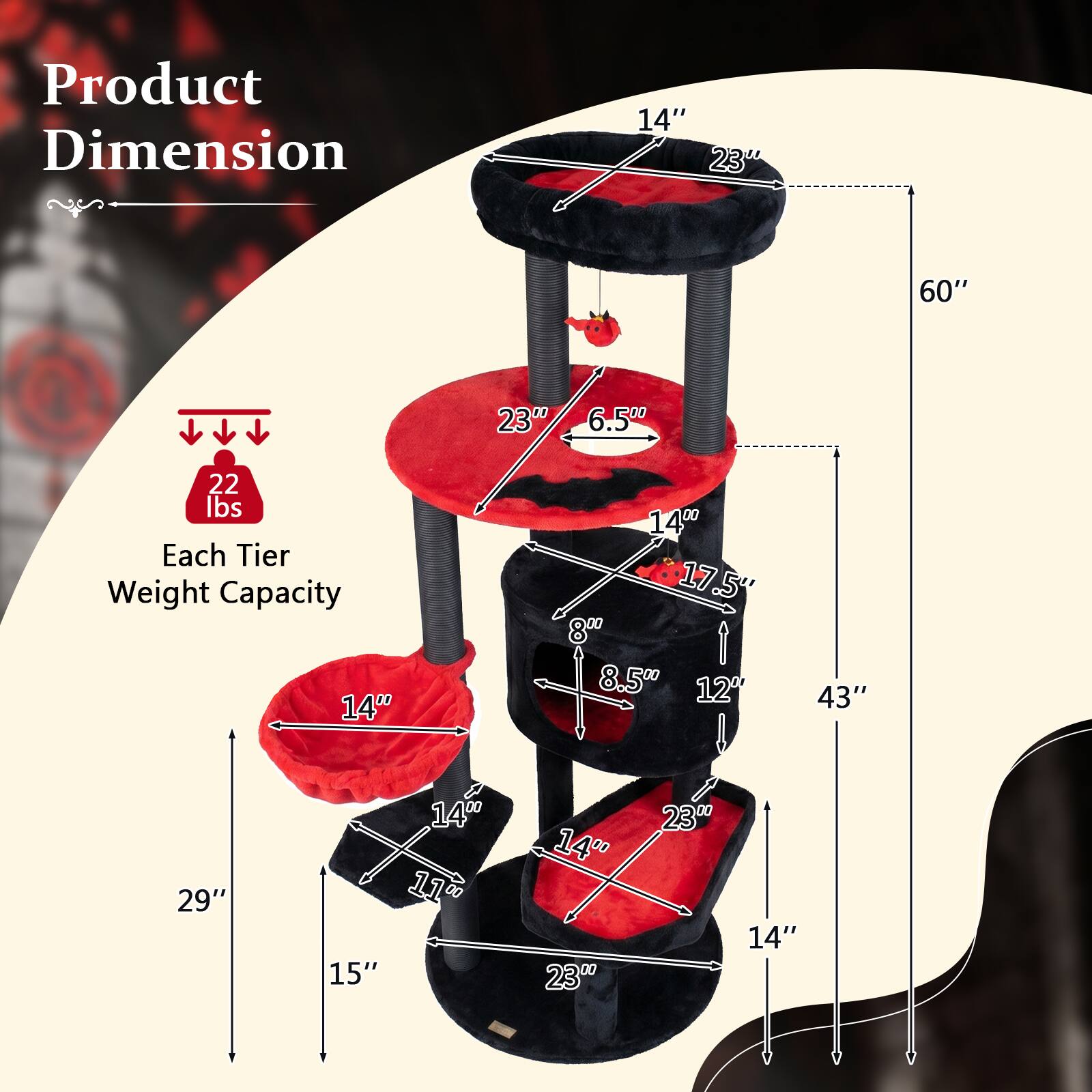 Product Dimension: 14" x 23" x 60" x 23" x 6.5"  
Each Tier Weight Capacity: 22 lbs