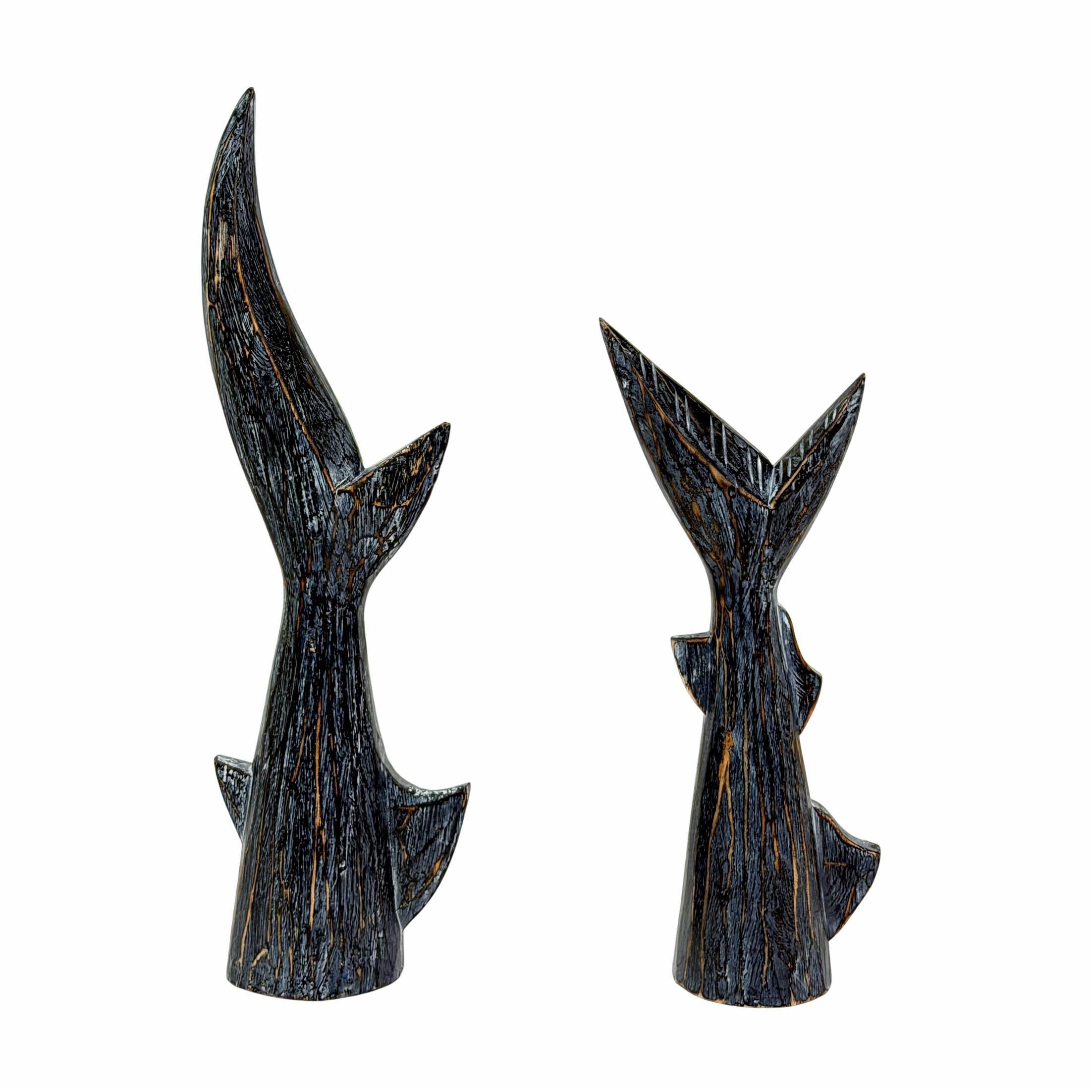 Front. Zeckos - Set of 2 Blue Wood Shark Tail Statues Coastal Distressed 16 Inch Tall Decor - Blue.