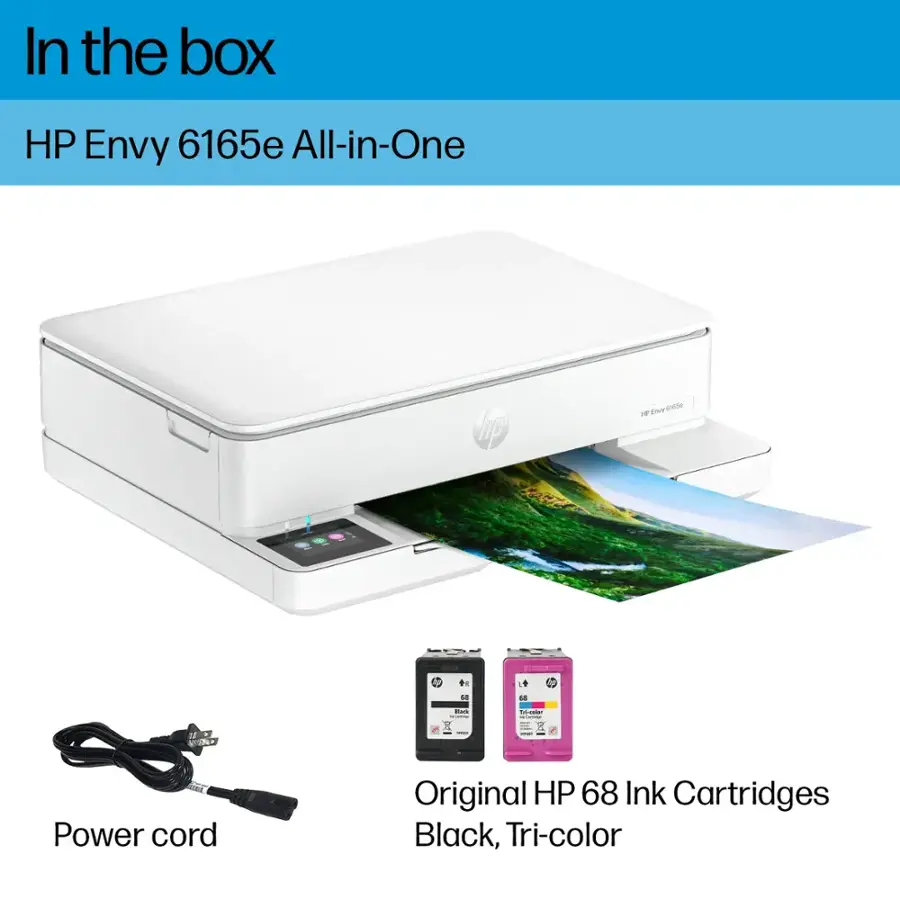 In the box HP Envy 6165e All-in-One printer, power cord, and original HP 68 ink cartridges (black, tri-color).