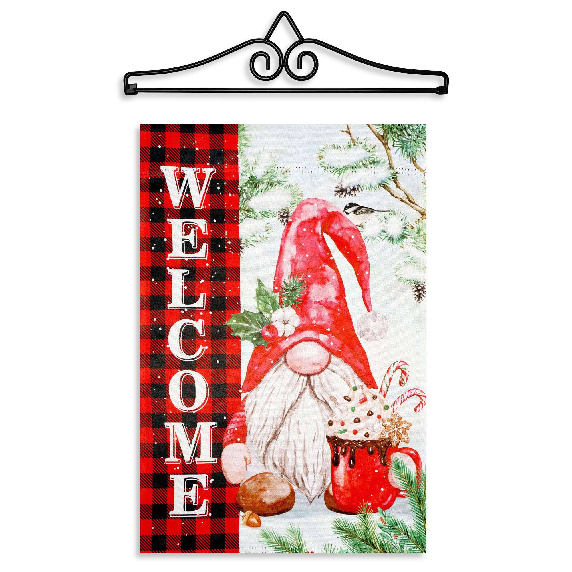 Front. G128 - G128 12x18IN Welcome Christmas Gnome Plaid Garden Flag with 14IN Hanger - Red.