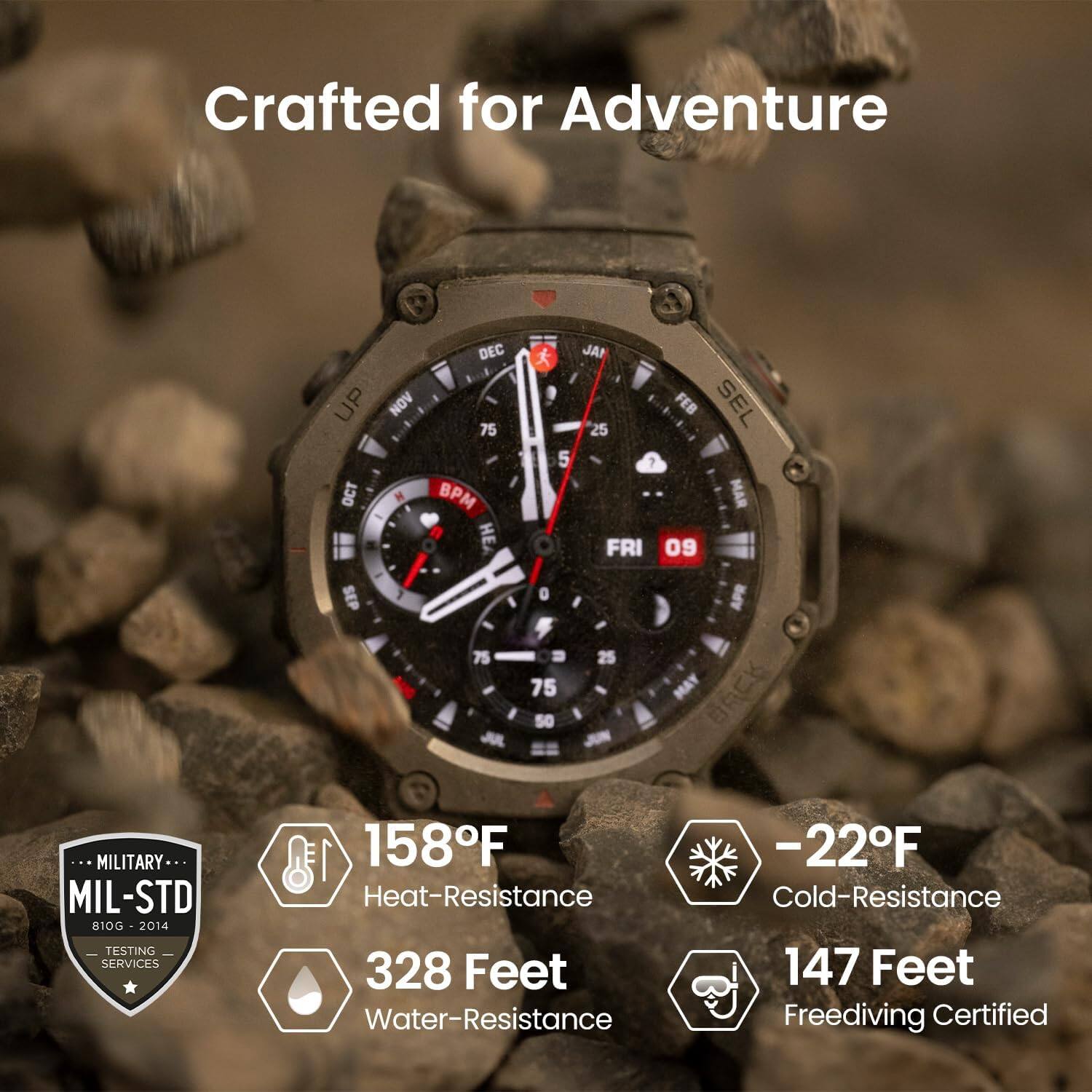 Crafted for Adventure:

* DEC: 75°F
* JA: 25°F
* FEB: 75°F
* SEP: 75°F
* 75°F: 50°F
* 25°F: 75°F
* APR: 75°F
* MAY: 75°F
* BECk: 75°F
* MILITARY MIL-STD 810G -2014 TESTING SERVICES
* 1 158F Heat-Resistance
* 328 Feet Water-Resistance
* -22F Cold-Resistance
* 147 Feet Freediving Certified